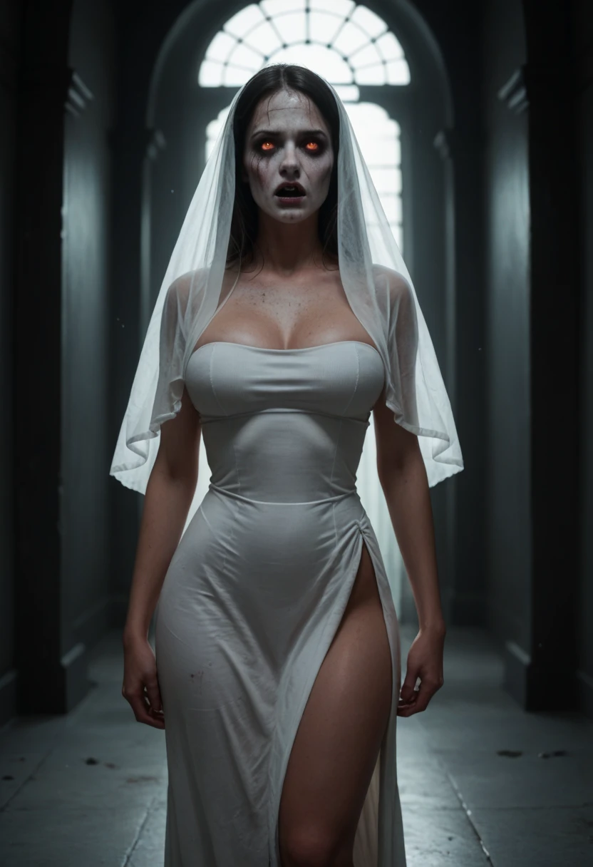  Subtly censor  ,  image suitable for the public . Ambiente macabro, horror scene.  Supersexy woman wearing a ghost costume  .  A woman's face completely covered For a White Veil  ,  body of a super sexy woman  ,  big breasts  ,  BIG T highlighted by the white dress  ,  small waist , sexy waist,  large hips, sexy hips, sexy ass, attractive butt, beautiful thighs,  striking thighs  , muslos grandes,  semitransparent white dress that highlights her beautiful curved scenery  ,  white dress fitted to her body  ,  beautiful simple white dress  ,  dress that is part of a ghost costume  ,  with excess fabric on the arms that allude to the shape of ghosts  ,  ghost pose scaring others  ,  parts of the costume become transparent with light  , scary scenario , scenario recreated in a dark quiet of a scary abandoned hotel , moist walls  , dimly lit hallway, ,  the burly ghost woman is perfectly illuminated by the ambient lights that reveal her beautiful figure.  Hyperrealistic composition style with semi-realistic details  ,  perfect composition  ,  A masterpiece of the highest quality, 16k quality,  high contrast,  Focus on the details , scary semi-dark environment ,  The scene and the macabre environment predominate , scary.