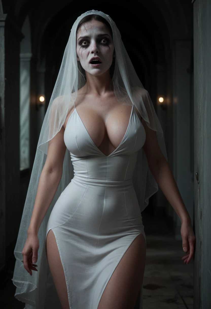  Subtly censor  ,  image suitable for the public . Ambiente macabro, horror scene.  Supersexy woman wearing a ghost costume  .  A woman's face completely covered For a White Veil  ,  body of a super sexy woman  ,  big breasts  ,  BIG T highlighted by the white dress  ,  small waist , sexy waist,  large hips, sexy hips, sexy ass, attractive butt, beautiful thighs,  striking thighs  , muslos grandes,  semitransparent white dress that highlights her beautiful curved scenery  ,  white dress fitted to her body  ,  beautiful simple white dress  ,  dress that is part of a ghost costume  ,  with excess fabric on the arms that allude to the shape of ghosts  ,  ghost pose scaring others  ,  parts of the costume become transparent with light  , scary scenario , scenario recreated in a dark quiet of a scary abandoned hotel , moist walls  , dimly lit hallway, ,  the burly ghost woman is perfectly illuminated by the ambient lights that reveal her beautiful figure.  Hyperrealistic composition style with semi-realistic details  ,  perfect composition  ,  A masterpiece of the highest quality, 16k quality,  high contrast,  Focus on the details , scary semi-dark environment ,  The scene and the macabre environment predominate , scary.