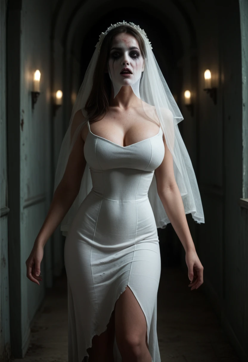  Subtly censor  ,  image suitable for the public . Ambiente macabro, horror scene.  Supersexy woman wearing a ghost costume  .  A woman's face completely covered For a White Veil  ,  body of a super sexy woman  ,  big breasts  ,  BIG T highlighted by the white dress  ,  small waist , sexy waist,  large hips, sexy hips, sexy ass, attractive butt, beautiful thighs,  striking thighs  , muslos grandes,  semitransparent white dress that highlights her beautiful curved scenery  ,  white dress fitted to her body  ,  beautiful simple white dress  ,  dress that is part of a ghost costume  ,  with excess fabric on the arms that allude to the shape of ghosts  ,  ghost pose scaring others  ,  parts of the costume become transparent with light  , scary scenario , scenario recreated in a dark quiet of a scary abandoned hotel , moist walls  , dimly lit hallway, ,  the burly ghost woman is perfectly illuminated by the ambient lights that reveal her beautiful figure.  Hyperrealistic composition style with semi-realistic details  ,  perfect composition  ,  A masterpiece of the highest quality, 16k quality,  high contrast,  Focus on the details , scary semi-dark environment ,  The scene and the macabre environment predominate , scary.