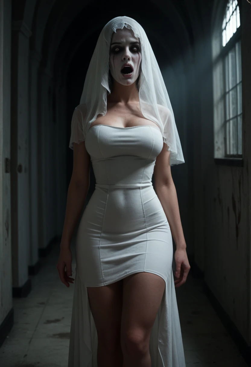  Subtly censor  ,  image suitable for the public . Ambiente macabro, horror scene.  Supersexy woman wearing a ghost costume  .  A woman's face completely covered For a White Veil  ,  body of a super sexy woman  ,  big breasts  ,  BIG T highlighted by the white dress  ,  small waist , sexy waist,  large hips, sexy hips, sexy ass, attractive butt, beautiful thighs,  striking thighs  , muslos grandes,  semitransparent white dress that highlights her beautiful curved scenery  ,  white dress fitted to her body  ,  beautiful simple white dress  ,  dress that is part of a ghost costume  ,  with excess fabric on the arms that allude to the shape of ghosts  ,  ghost pose scaring others  ,  parts of the costume become transparent with light  , scary scenario , scenario recreated in a dark quiet of a scary abandoned hotel , moist walls  , dimly lit hallway, ,  the burly ghost woman is perfectly illuminated by the ambient lights that reveal her beautiful figure.  Hyperrealistic composition style with semi-realistic details  ,  perfect composition  ,  A masterpiece of the highest quality, 16k quality,  high contrast,  Focus on the details , scary semi-dark environment ,  The scene and the macabre environment predominate , scary.