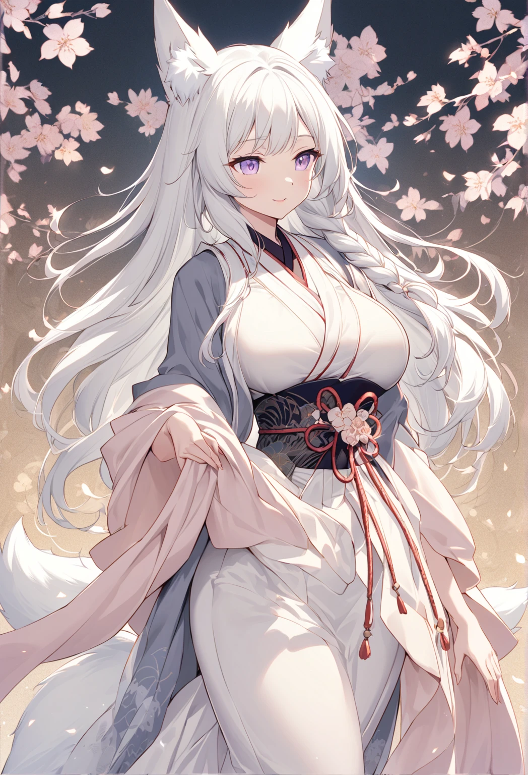 ((Motherly expression)) ((Alone)) Create an anime-style image of Aiko, an elegant fox girl with a graceful aura. She has long, white hair styled in a side braid, soft, fluffy fox ears, and light purple eyes that radiate warmth and kindness. Her expression is gentle and slightly mischievous, conveying both confidence and a caring nature. She is dressed in a traditional Japanese-inspired outfit with flowing fabrics, subtle patterns, and a colour palette of soft pastels, highlighting her nurturing elegance. Emphasize her graceful figure, big breasts, and mature demeanour, highlighting her caring, protective nature alongside a hint of playful mischief. The background is soft and serene, complementing her warm presence.