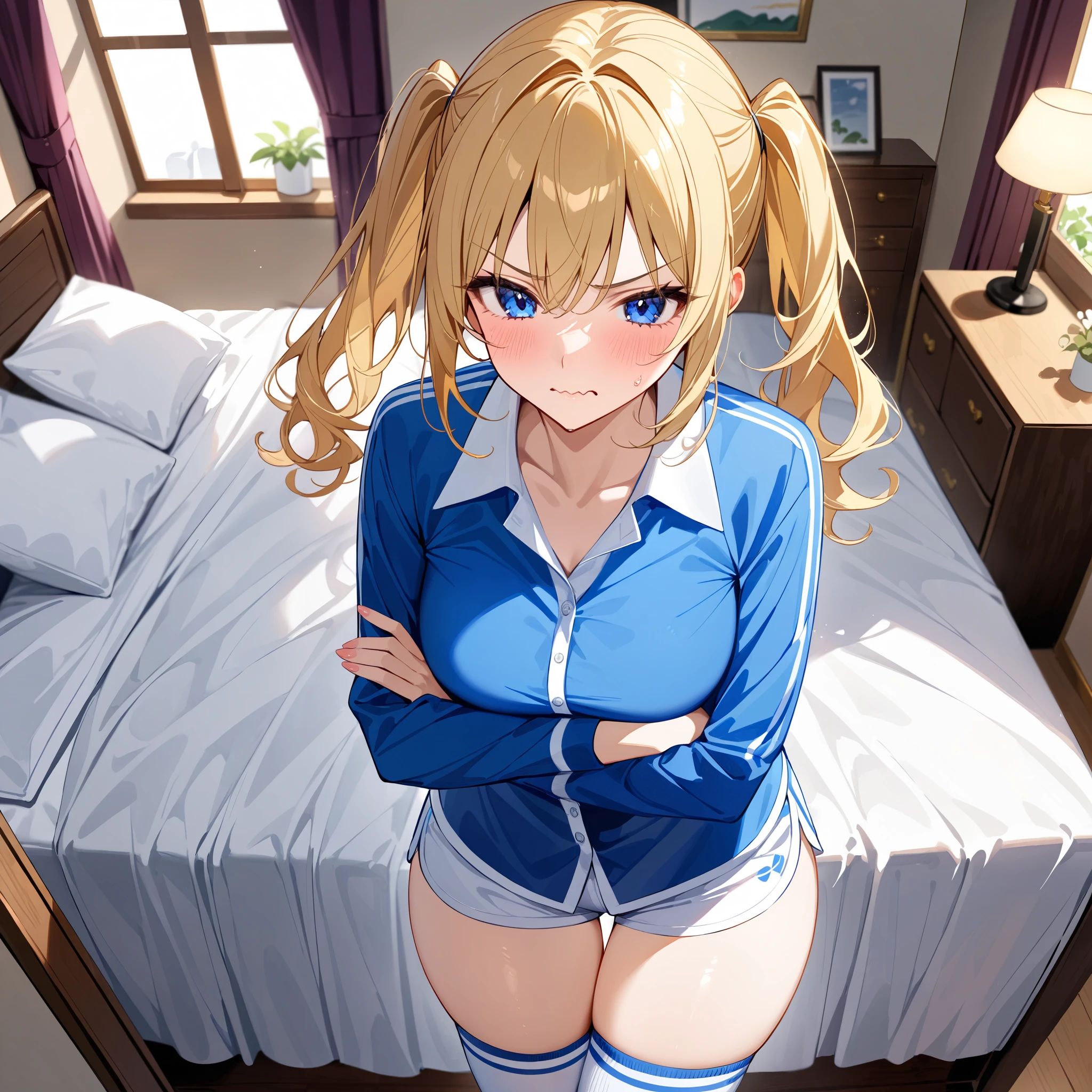 from above, crossed arms、 crossed legs, focus on upper body, v-shaped eyebrows、wavy mouth、blush、Beautiful mature woman 、 blonde hair medium hair、 twintail hair, long sleeves、 collared shirt, dolphin shorts, thigh-high socks、 cowboy shot、bedroom, indoors、（masterpiece：1.2）、（Best Quality：1.2）、（ very aesthetic ：1.2）、（ absurd：1.2）、（ detailed background）、up to date、Safety、complicated、 very detailed skin、