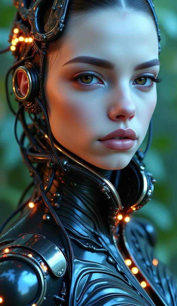 Top quality, masterpiece, Ultra-high resolution, ((Photorealistic: 1.4), raw photo, cyberpunk girl, shiny skin, mechanical girl, (Ultra realistic details)), Mechanical vertebrae attached to the spine, mechanical cervical fixation to the neck, small bright LED lamps, Global Illumination, deep shadows, octane rendering, 8K, ultra sharp, Metal, Intricate ornament details, Baroque details, Very intricate details, realistic light, Trend CGSoation, facing the camera, neon details, (In the Hot Summer Forest). high resolution, hyperrealism, VRAY,