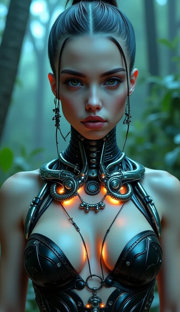 Top quality, masterpiece, Ultra-high resolution, ((Photorealistic: 1.4), raw photo, cyberpunk girl, shiny skin, mechanical girl, (Ultra realistic details)), Mechanical vertebrae attached to the spine, mechanical cervical fixation to the neck, small bright LED lamps, Global Illumination, deep shadows, octane rendering, 8K, ultra sharp, Metal, Intricate ornament details, Baroque details, Very intricate details, realistic light, Trend CGSoation, facing the camera, neon details, (In the Hot Summer Forest). high resolution, hyperrealism, VRAY,