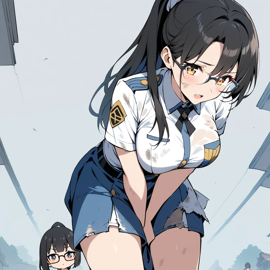 Black Hair, long hair, ponytail, big breasts at the temple,Glasses,uniform,Dirty clothes, Tattered Clothes ,Night Road,Abandoned house