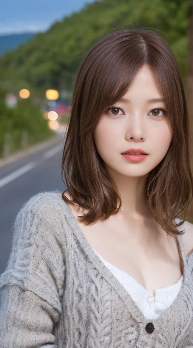 ((Best Quality, 8k, masterpiece :1.3)), (((Flat Chest 2.0))))、 1 girl,Age 35、 Beautiful woman with slim abs :1.3, (Bob Hair),  cardigan :1.1,  super detailed faces on a mountain road at night, Detailed eyes, double eyelid