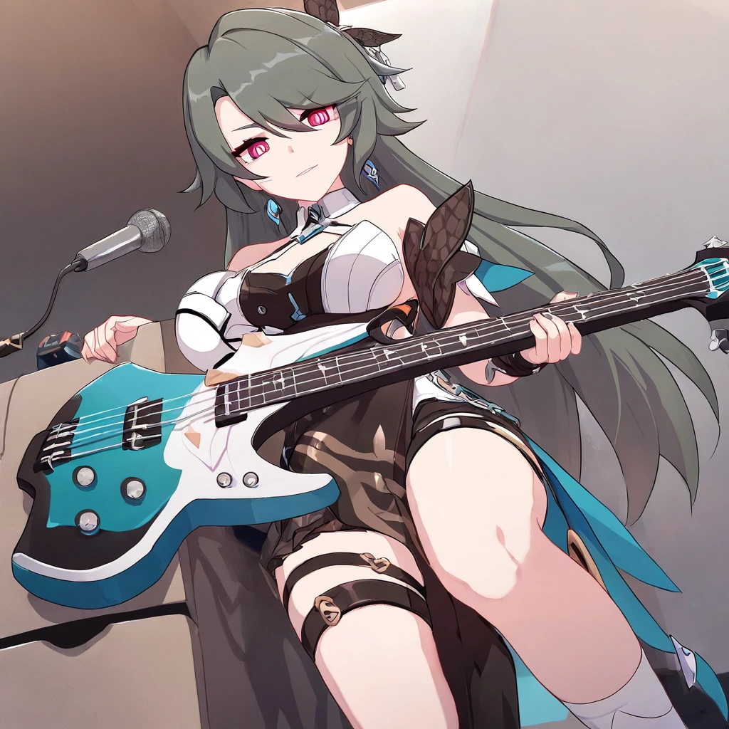 ( best quality)), ((masterpiece)),Vita （Honkai Impact 3）、 plays bass guitar。