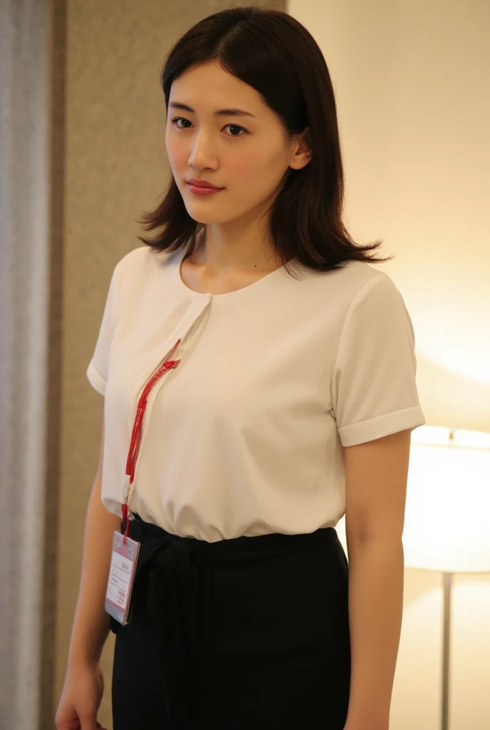 Full-body photo of a stunning japanese girl, backlit by soft warm light. Her age is ****. She stands in a office, white formal shirt, tight shirt, break,, sexy posing. She is wearing black formal suit, black suit miniskirt, break,, Her beautiful face, with delicate features and fair skin, beams at the viewer. red lanyard and id card, black hair, framing her curvy figure. big breasts are perfectly proportioned to her curvy physique. Her gaze meets ours, inviting us into her world of care and compassion.