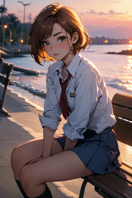 8K, masterpiece, absurdres, intricate details, best quality, 1girl, sitting on bench, brown hair, short hair, cute eyes, school uniform, sunset, beach