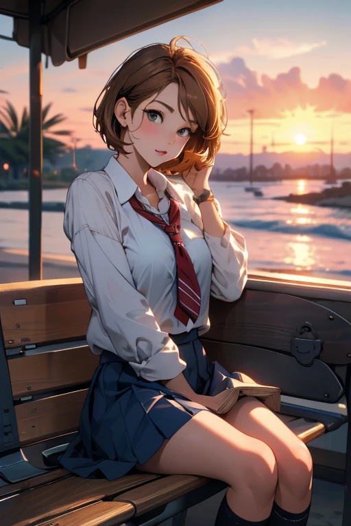 8K, masterpiece, absurdres, intricate details, best quality, 1girl, sitting on bench, brown hair, short hair, cute eyes, school uniform, sunset, beach