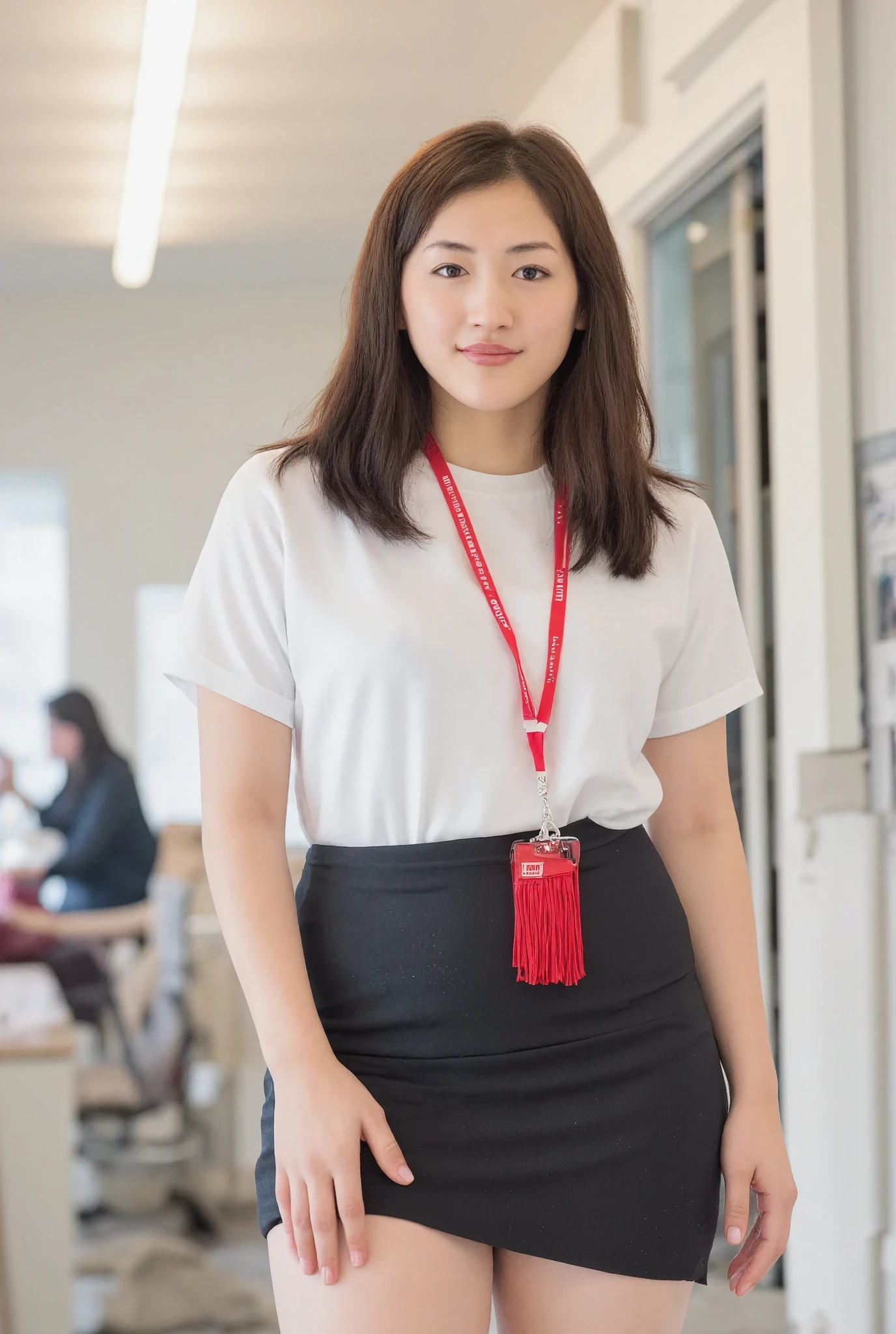 Full-body photo of a stunning japanese girl, backlit by soft warm light. Her age is ****. She stands in a office, white formal shirt, tight shirt, break,, sexy posing. She is wearing black formal suit, black suit miniskirt, break,, Her beautiful face, with delicate features and fair skin, beams at the viewer. red lanyard and id card, black hair, framing her curvy figure. big breasts are perfectly proportioned to her curvy physique. Her gaze meets ours, inviting us into her world of care and compassion.