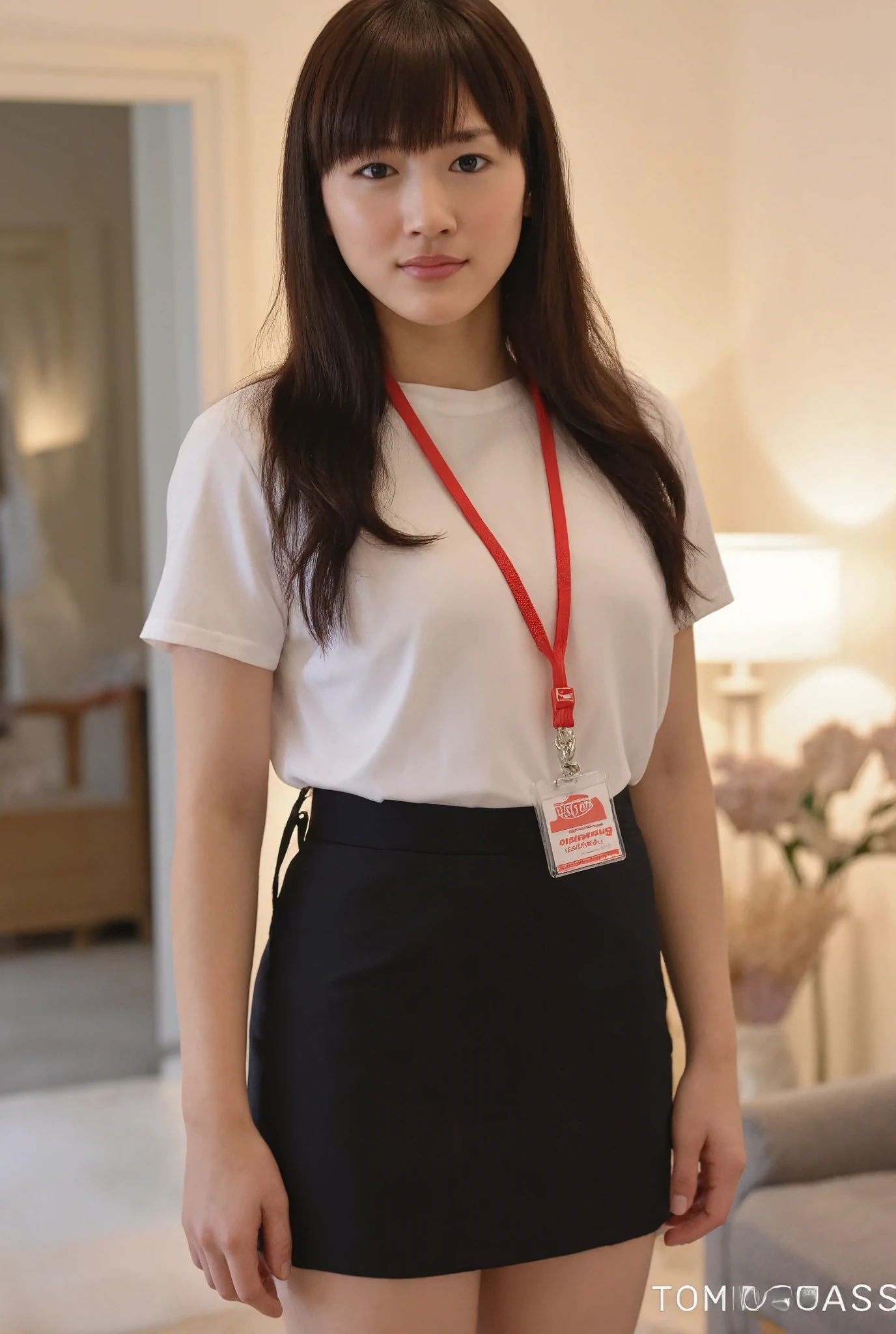 Full-body photo of a stunning japanese girl, backlit by soft warm light. Her age is ****. She stands in a office, white formal shirt, tight shirt, break,, sexy posing. She is wearing black formal suit, black suit miniskirt, break,, Her beautiful face, with delicate features and fair skin, beams at the viewer. red lanyard and id card, black hair, framing her curvy figure. big breasts are perfectly proportioned to her curvy physique. Her gaze meets ours, inviting us into her world of care and compassion.