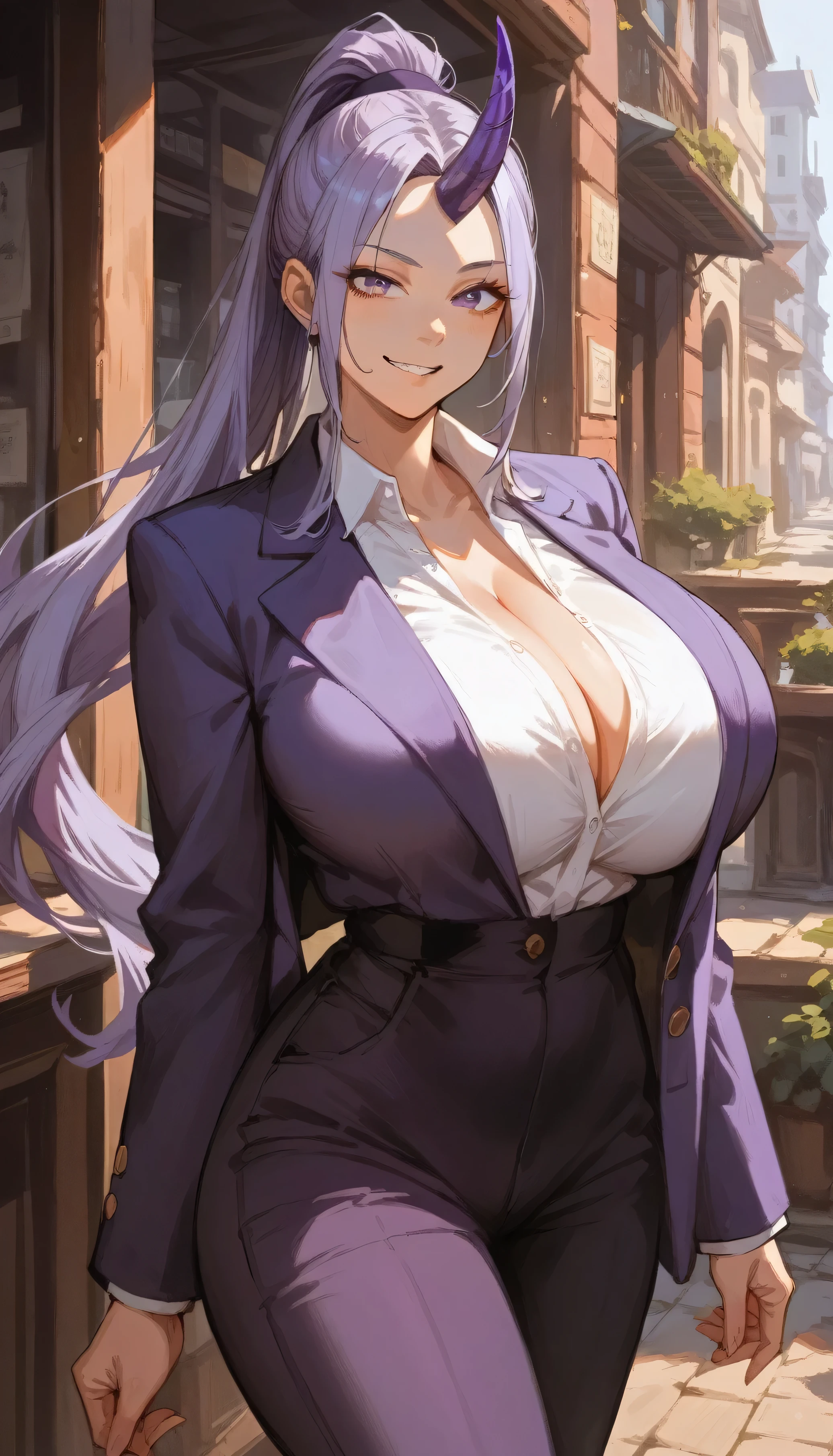 Shion, long lavender ponytail with long parted bangs, purple eyes, tall, adult sexy curvy body, slim waist, beautiful woman, ((single dark purple horn on forehead)), gigantic breasts, wearing white collared shirt with purple blazer and pants, smirking, looking at viewer, big cleavage