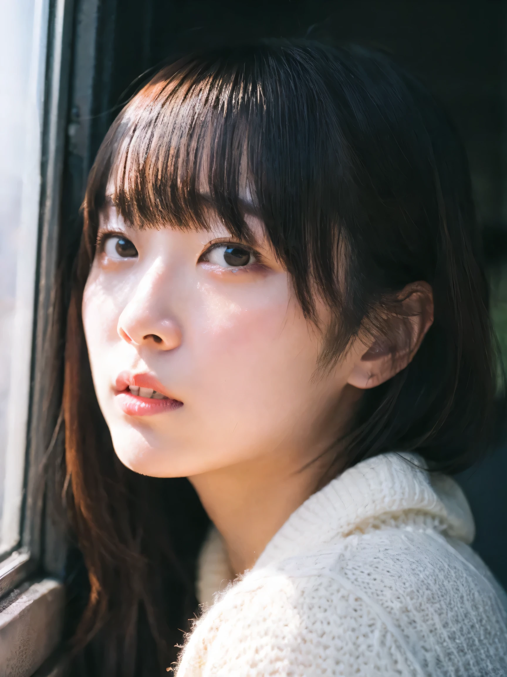 Japanese women, white sweater、Sweaty shiny skin、Young Face, Bob Cut Hair, morning, window, Incomplete details, Shooting with Leica, analog, 35mm:: (Artistic light leakage:1.4), Lens flare::4 - Style Row - AR 2:3 --s 150 --c 4