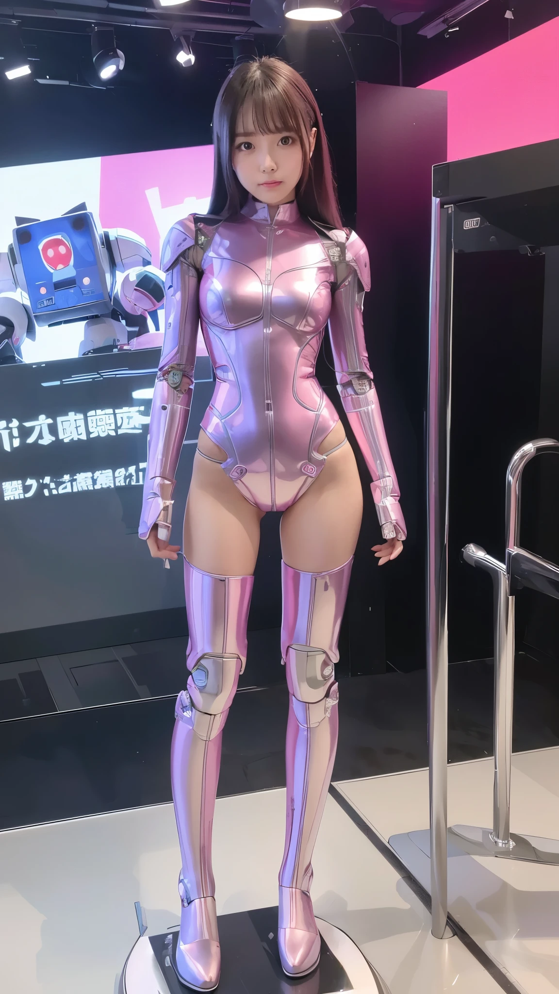 Robot Girl, pink there, Silver, Metallic body, Robot Parts, Metal Parts, Super Detailed Face, Super well-formed face, of the highest quality, a small face, small head, Brown hair, Slender body, Camera gaze, Internal Mechanical Exposure, Idol, front facing, Well-proportioned body, sale, Exhibited, Event Hall, Moe Pose, Blue Metallic Lace Queen Dress Machine Armor, Standing with legs open, Model body type, sad, Embarrassing,(Perfect Robot Girl),(Perfect machine body)