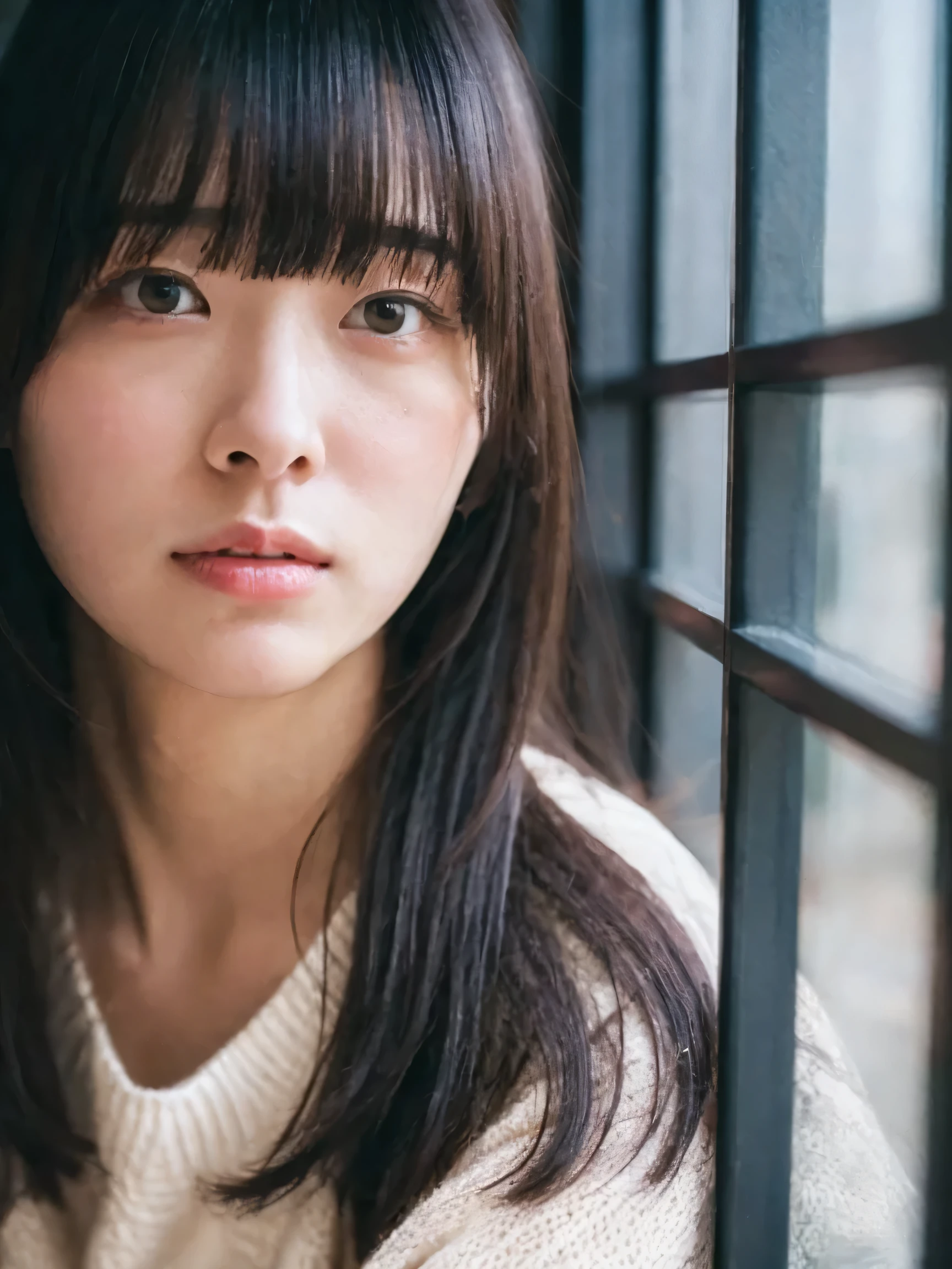 Japanese women, white sweater、Sweaty shiny skin、Young Face, Bob Cut Hair, morning, window, Incomplete details, Shooting with Leica, analog, 35mm:: (Artistic light leakage:1.4), Lens flare::4 - Style Row - AR 2:3 --s 150 --c 4