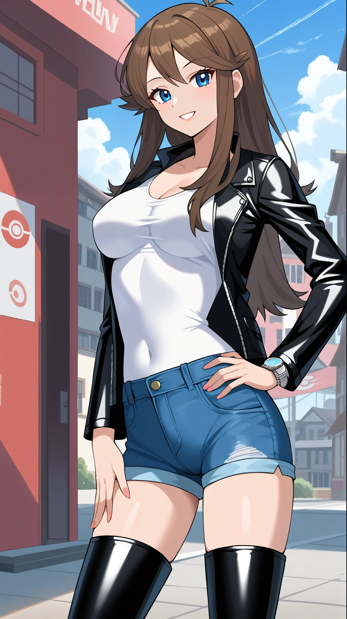   score_9,  score_8_Excellent,  score_7_Excellent,  score_6_Excellent, Best Quality, sauce_Anime,  cell shading ,  flat color , vector,  detailed background, town, building, Break 1 Girl, Alone, (\ Pokémon\), Brown Hair, Long Hair,  blue eyes , Ample breasts,  Watch Viewers , 1 female, Age 18, whole body,  Slim Body , smile, Outdoor, 挑発的なsmile,  seductive smile ,  black leather jacket , Place one hand on your hip,  White T Shirt ,  blue denim shorts , Knee-high boots,  seductive pose ,  tall,　bare hands, no gloves ,  standing ,


