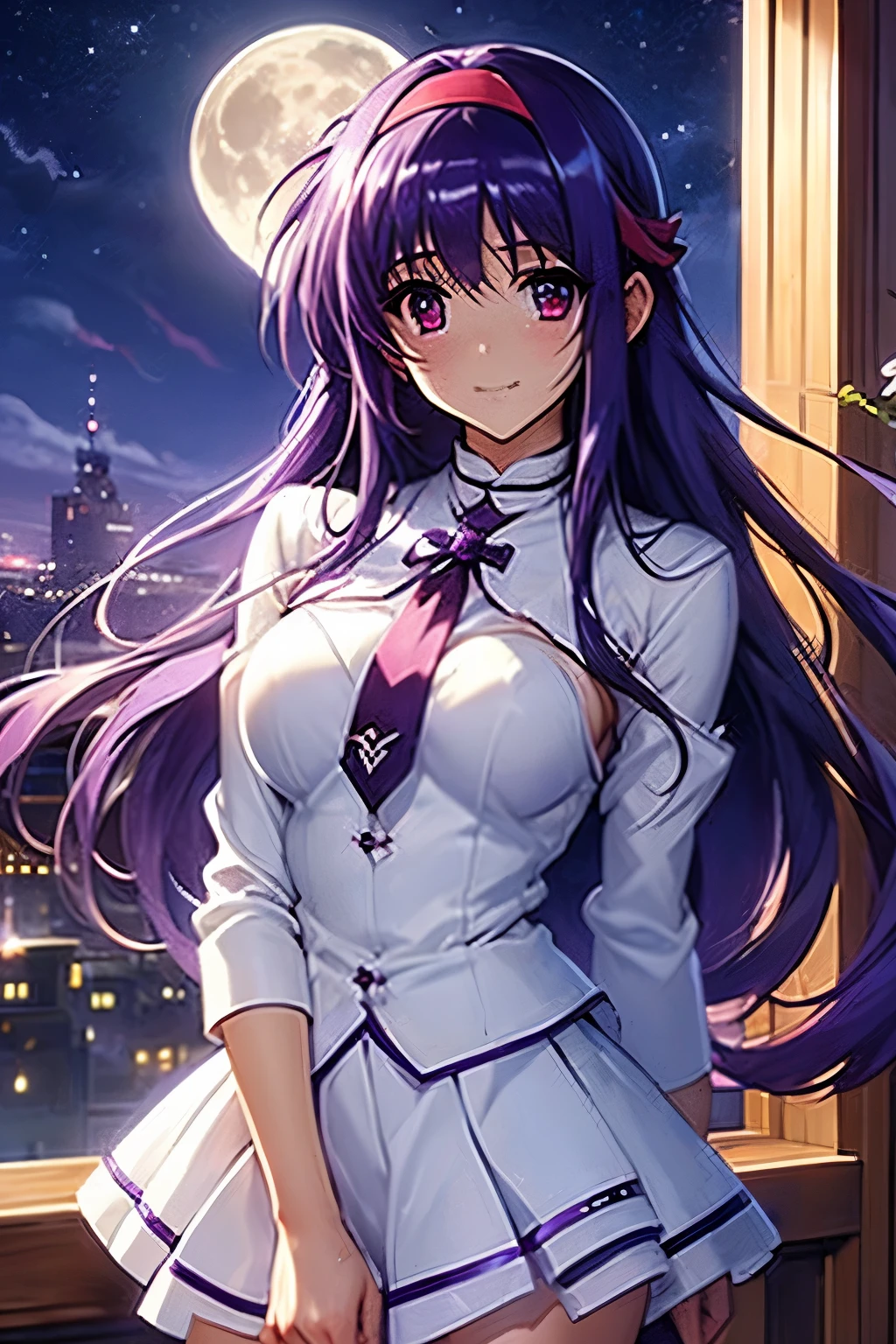 （（（ＳＦＷ、Precision、Highest quality、A first-class masterpiece、Normal body、8k、  detail face  、Ultra-precision、 Normal Hand、通常refer to、５refer to、Highest）））、Suzuka Tsukimura 、Suzuka 、" Puella Magical Girl Lyrical Nanoha"、Night Clan 、 Awakening Vampire Standing on the Rooftop、 Red Eyes、 Sharp Double Teeth 、Purple Hair、Long Hair、 headband、Big Breasts、 high school girl 、 White Uniform Torn、Bra exposure、Racy Underwear Exposed 、stripped skirt、Half naked、Full moon night、Standing on the roof