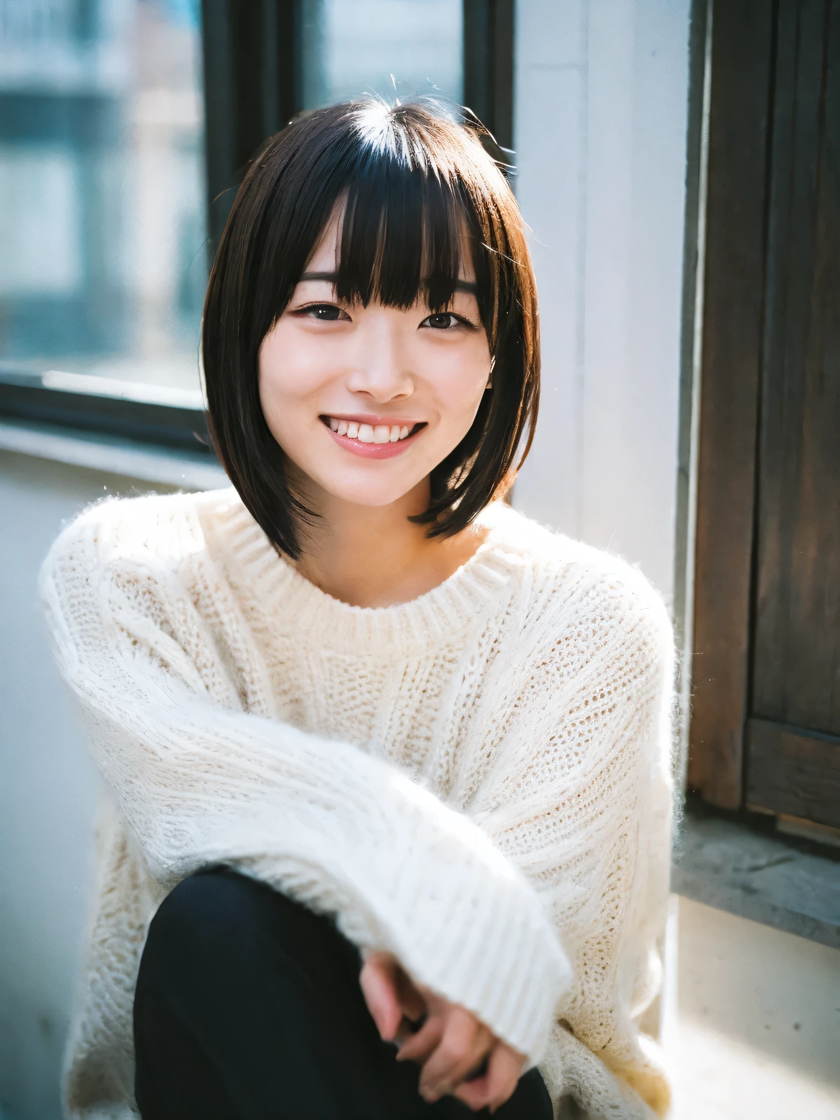 Japanese women, white sweater、Sweaty shiny skin、Young Face, Bob Cut Hair, morning, window, Incomplete details, Shooting with Leica, analog, 35mm:: (Artistic light leakage:1.4), Lens flare::4 - Style Row - AR 2:3 --s 150 --c 4, smile