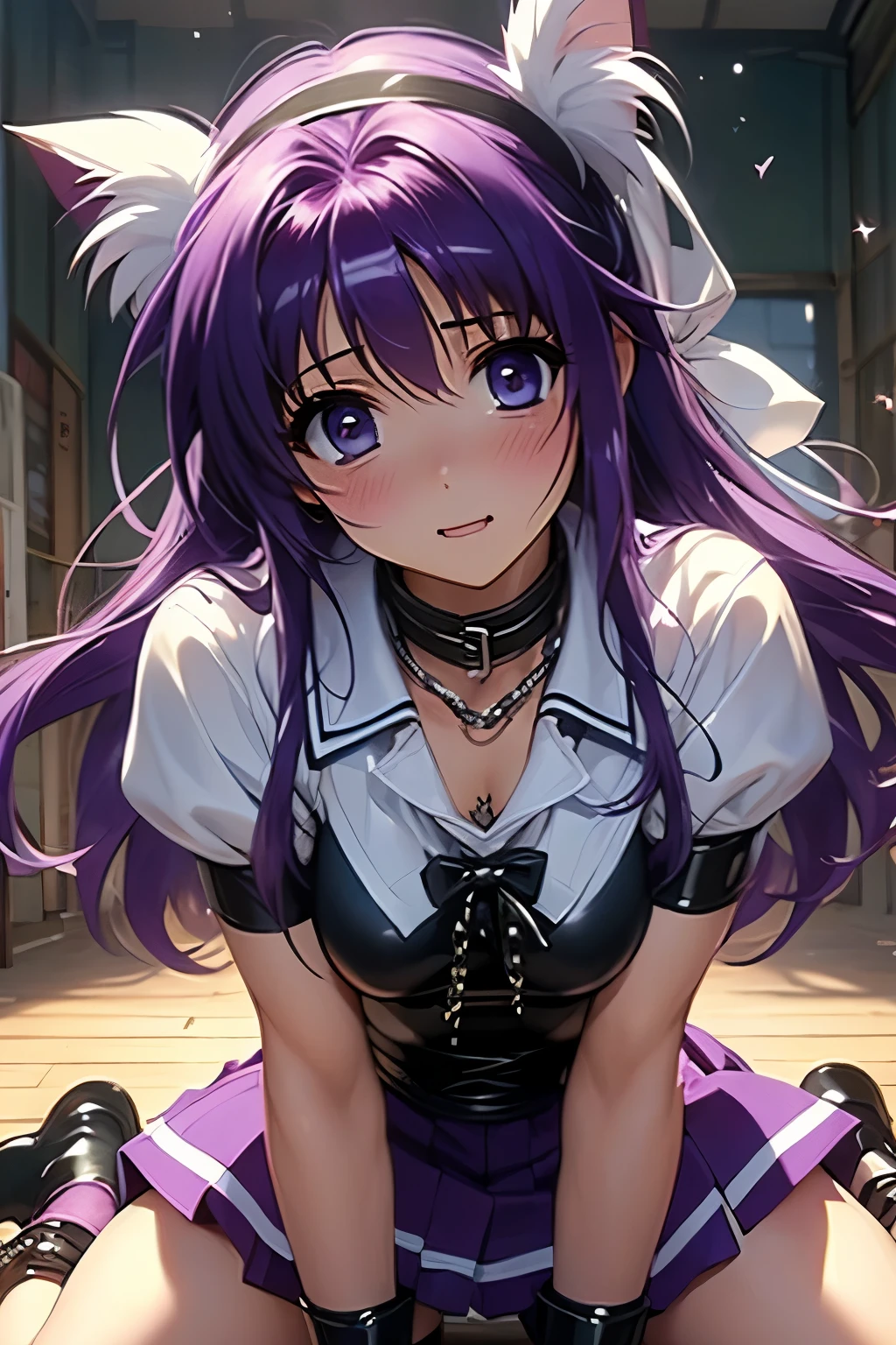 （（（ＳＦＷ、Precision、Highest quality、A first-class masterpiece、Normal body、8k、  detail face  、Ultra-precision、 Normal Hand、通常refer to、５refer to、Highest）））、Suzuka Tsukimura 、Suzuka 、" Puella Magical Girl Lyrical Nanoha"、Purple Hair、Long Hair、 headband、Big Breasts、 high school girl 、 White Uniform Torn、Bra exposure、Racy Underwear Exposed 、 Pierced Tee Back 、stripped skirt、 embarrassing、blush、Teary-eyed、Nipple erection、Chain Bondage、Collar、ChainBIND、A lot of chains、Restraint Room、Bondage Desire 、smplay、masochist、 smelly expression、Falling into Pleasure、 Pleasure, Bouncing Back, Panting, and Agony、 is on all fours、Pet、Like a dog