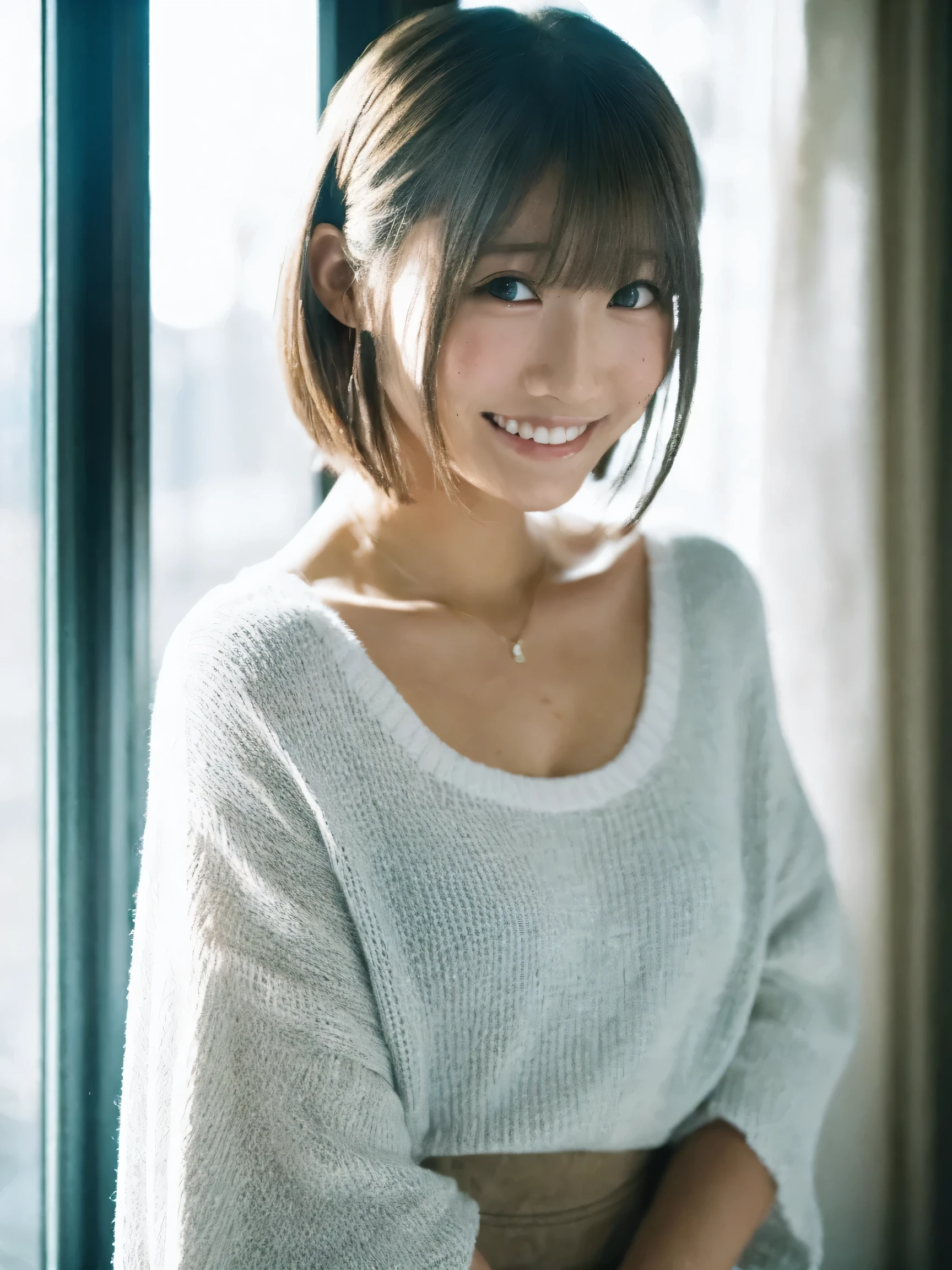 Japanese women, white sweater、Sweaty shiny skin、Young Face, Bob Cut Hair, morning, window, Incomplete details, Shooting with Leica, analog, 35mm:: (Artistic light leakage:1.4), Lens flare::4 - Style Row - AR 2:3 --s 150 --c 4, smile,