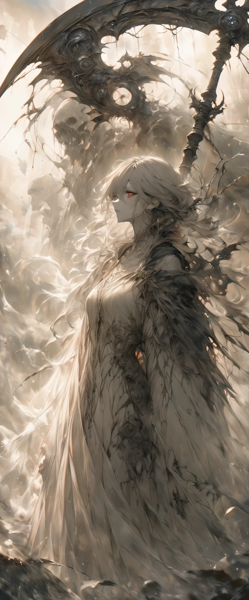 masterpiece, ultra high resolution,Super fine,16k, Insanely Delicate , Amazingly Detailed Art ,Advanced Stylish Art , Hybrid between oil painting and watercolor painting ,disaster々 A woman with a big scythe walks up close,Monochrome,rain,spirit of the wind,豪rain, Fierce Black Wind Surrounding Surrounding the Surrounding Area ,A dark aura surrounding the surroundings , A Tattered Black Cape ,Modern Shinigami , A Work That Takes the Life of Those Who See It , Embodied Fear , Death comes head-on , Only One Eye Glows Red , A destiny you can never escape,The moment you decide to prepare