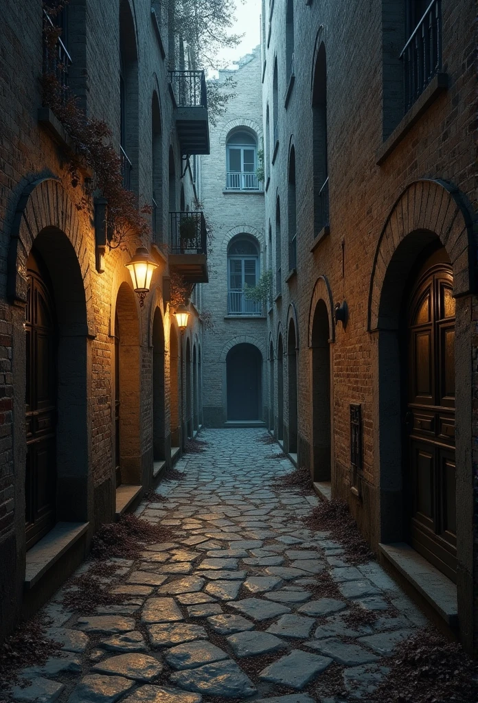 A hyperrealistic oil painting of a mysterious Neo-Gothic alley, featuring intricate cobblestone paths, crumbling brick walls, and a dramatic interplay of chiaroscuro lighting, evoking a sense of timeless wonder and the secrets of a bygone era.