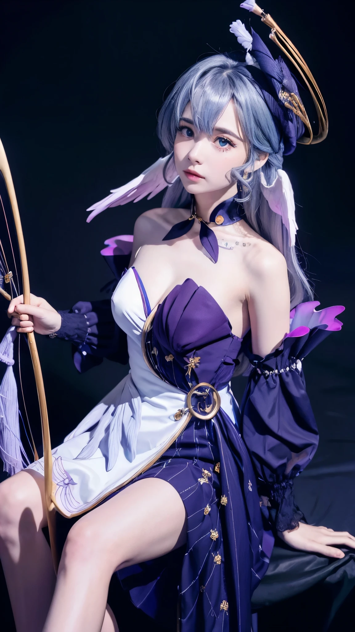 alone , brown hair , Pale Skin , Bow and Arrow, with sapphire eyes , butterfly festival decoration, with dark blue flowers and wide {ten个} 装饰 with dark blue flowers and wide {ten} wearing a blue dress with black decorations , A woman with low top , Blue Ribbon, with dark blue flowers and wide , Wide-brimmed hat ,thigh