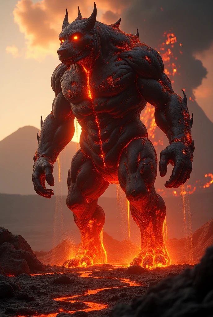 a lava rock golem, rocky head, bulky, extra long arms,  rough texture,  standing,  (from below), mountains, valley,, fiction,  fantasy, <lora:ral-lava:1> ral-lava