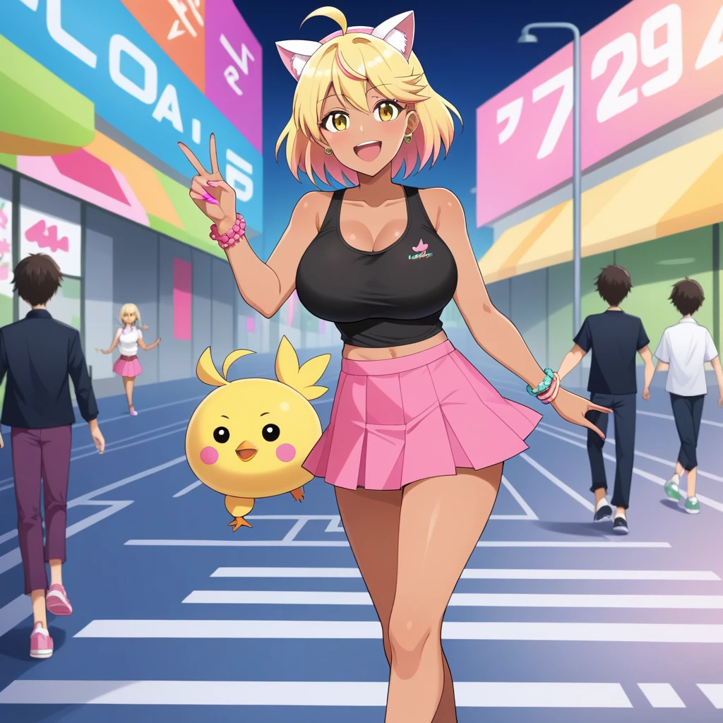  Suzuka Gozen:0.9),londe hair,  blond hair with pink tips , Cat ears,  yellow-eyed , , chica gyaru, happy smile, big breasts, tanned skin,desnuda,  is walking around a modern city.  low-cut black top , short pink skirt . accessories.  pink sneakers .