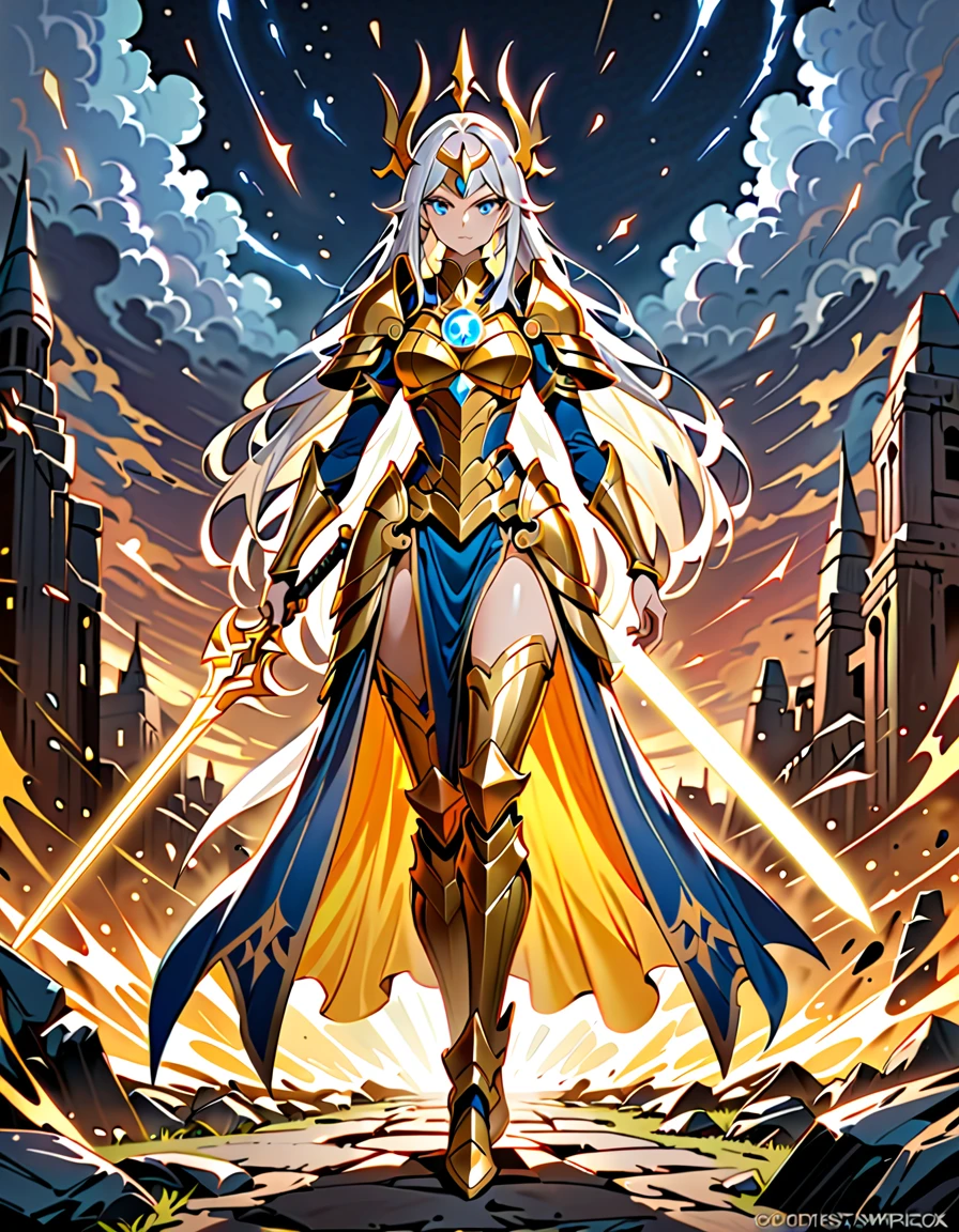 (((masterpiece, best quality, high detailed, 16k))) (1girl) A striking female warrior, clad in gleaming golden armor with a large scale in one hand, symbolizing balance and fairness. Her long flowing silver hair matches her piercing blue eyes. The battlefield behind her glows with the light of her righteous aura, as she stands tall, ready to deliver justice. ((full body)), ((extremely detailed)).