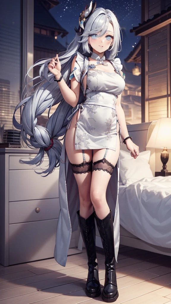 goddess，obsessed，have fun，in love，(White transparent Chinese uniform，With a long skirt)，Silver Hair，blue eyes，Transparent Clothes，Exquisite hair accessories，Transparent lace，Sky blue pattern，night，Dress nicely，outdoor，solitary，night，Engraved suspender boots，Beautiful face，Garter stockings，Edited by Dafabet，Nude Apron