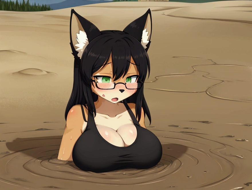 score_9, score_8_up, score_7_up, 6girl, multiple girls, (blushing), looking left, 1girl, solo, (furry fox girl:1.2), huge breast, black hair, green eyes, (black tanktop:1.2), (black glasses:1.2), cleavage, (oriental:1.2), partially submerged, flooding up to the chest, upper body, yellowstone park, orgasm, anime face, trembling, (half upper body:1.2), Quicksand, Quick Sand, arms stuck in quicksand, up to chest in quicksand, moaning, blushing, shortstack figure, breasts pushed up by quicksand, standing in quicksand, 