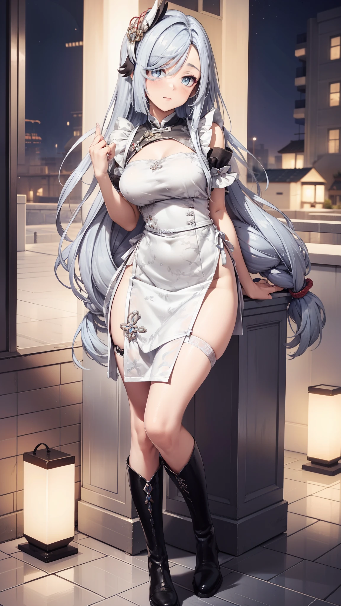 goddess，obsessed，have fun，in love，(White transparent Chinese uniform，With a long skirt)，Silver Hair，blue eyes，Transparent Clothes，Exquisite hair accessories，Transparent lace，Sky blue pattern，night，Dress nicely，outdoor，solitary，night，Engraved suspender boots，Beautiful face，Garter stockings，Edited by Dafabet，Nude Apron