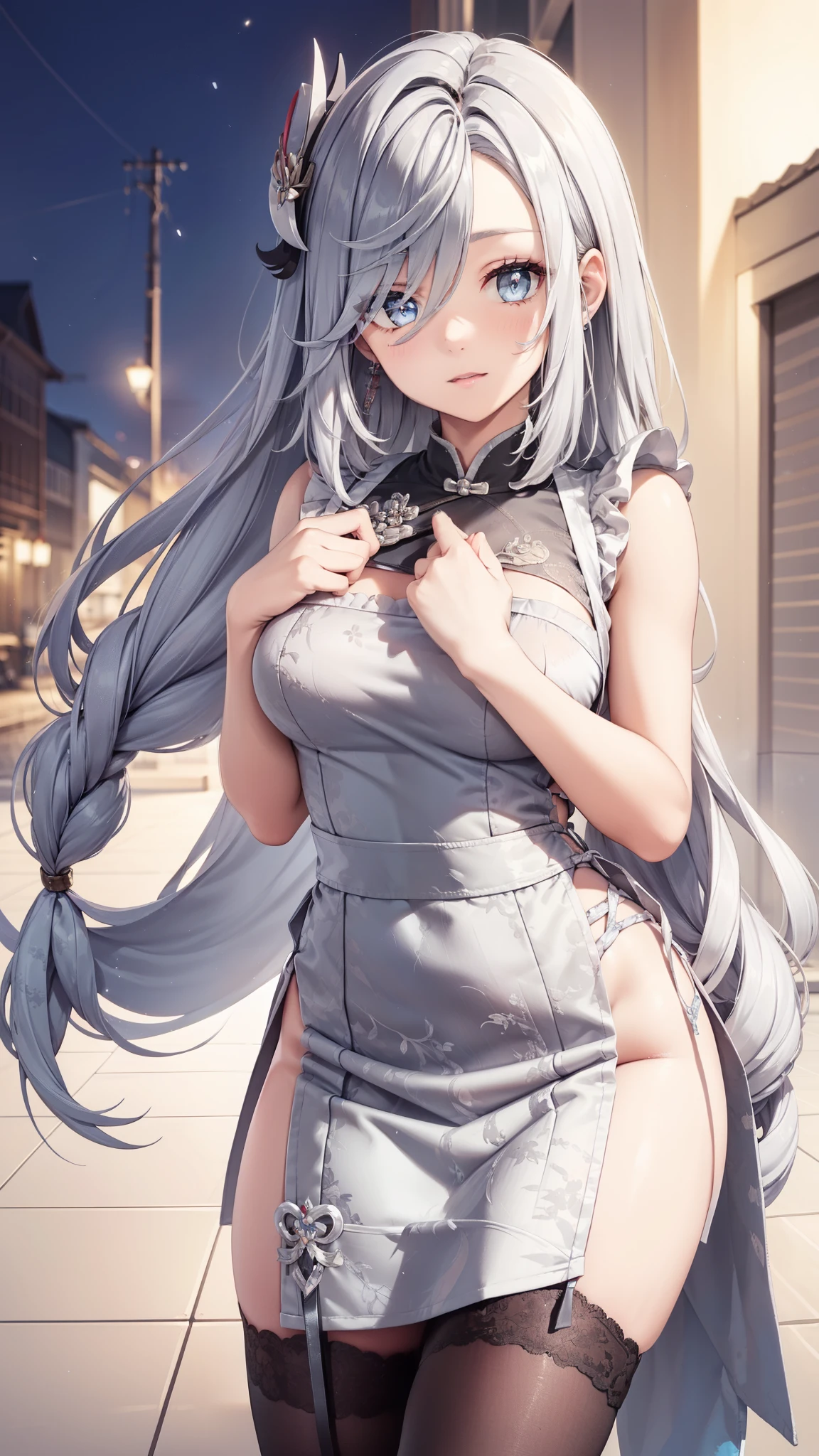 goddess，obsessed，have fun，in love，(White transparent Chinese uniform，With a long skirt)，Silver Hair，blue eyes，Transparent Clothes，Exquisite hair accessories，Transparent lace，Sky blue pattern，night，Dress nicely，outdoor，solitary，night，Engraved suspender boots，Beautiful face，Garter stockings，Edited by Dafabet，Nude Apron