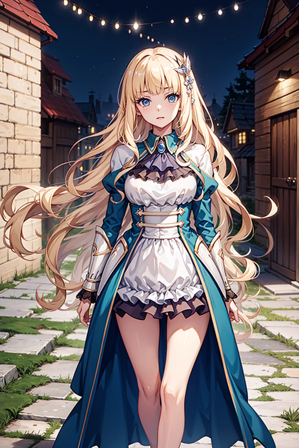 becomes，Princess fantasy ，obsessed，  plump  ，in love，sacred，(  princess dress that is mostly white:1.3)， 头发和 blue eyes， blue eyes，Great Sword，Holy Sword， super super detailed ，Ruffles，Lots of Lace，(Stripes on clothes:1.2)，(Dress nicely:1.1)，( layered skirt ), Clear Clothes ，  pretty delicate face  ，  cinematic lighting ，night，The only person，Lace,(shine:1.2), (  best quality), ( masterpiece :1.2),shine宝石, Mild, Mild, charm，In the imperial city ，goddess, ,, Mild, group，SFW dress ，