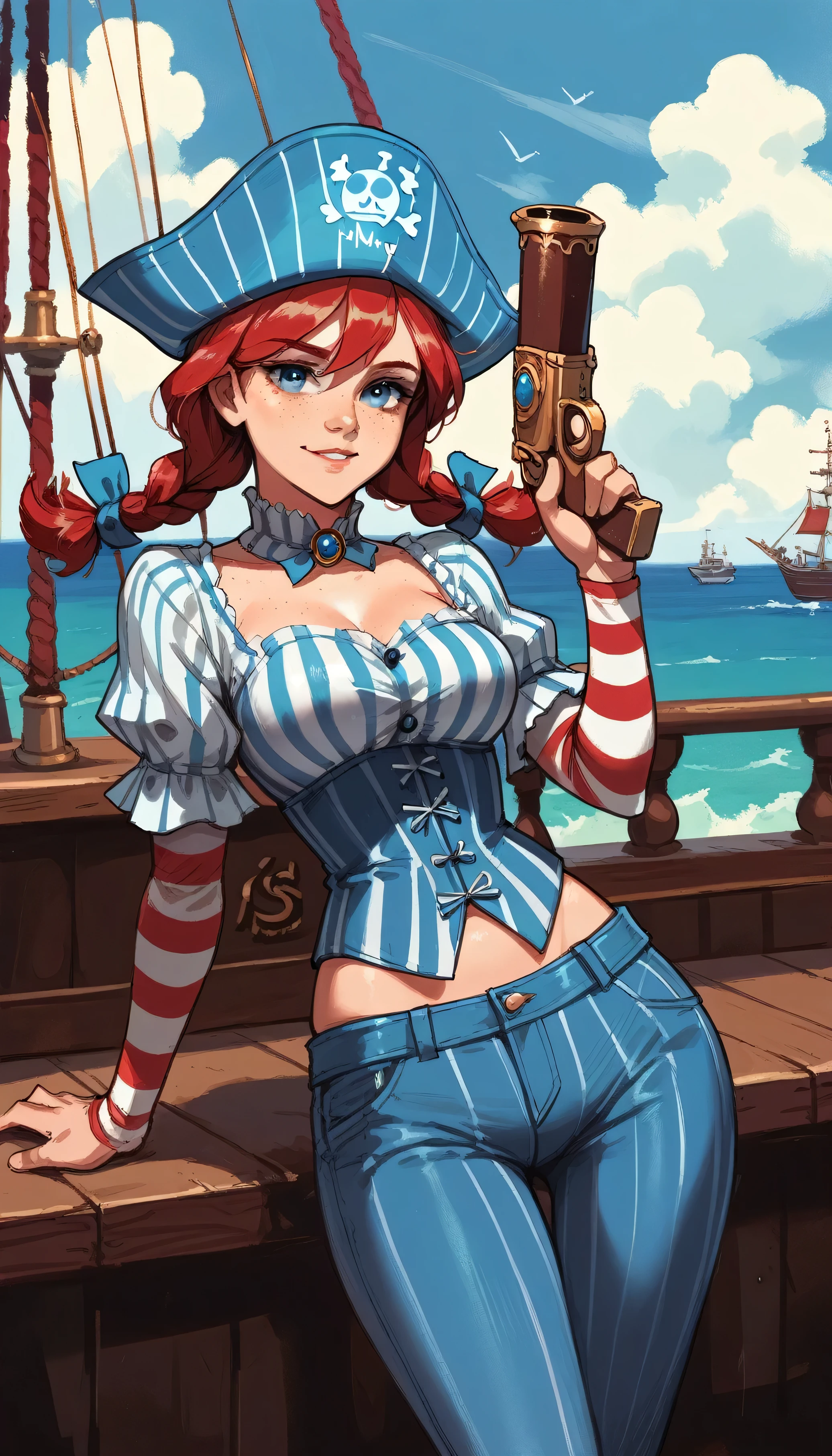 Wendy's girl, long red braided hair with blue ribbons, wearing a navy blue pirate hat and striped corset, wearing pants, holding two guns, ship background at sea