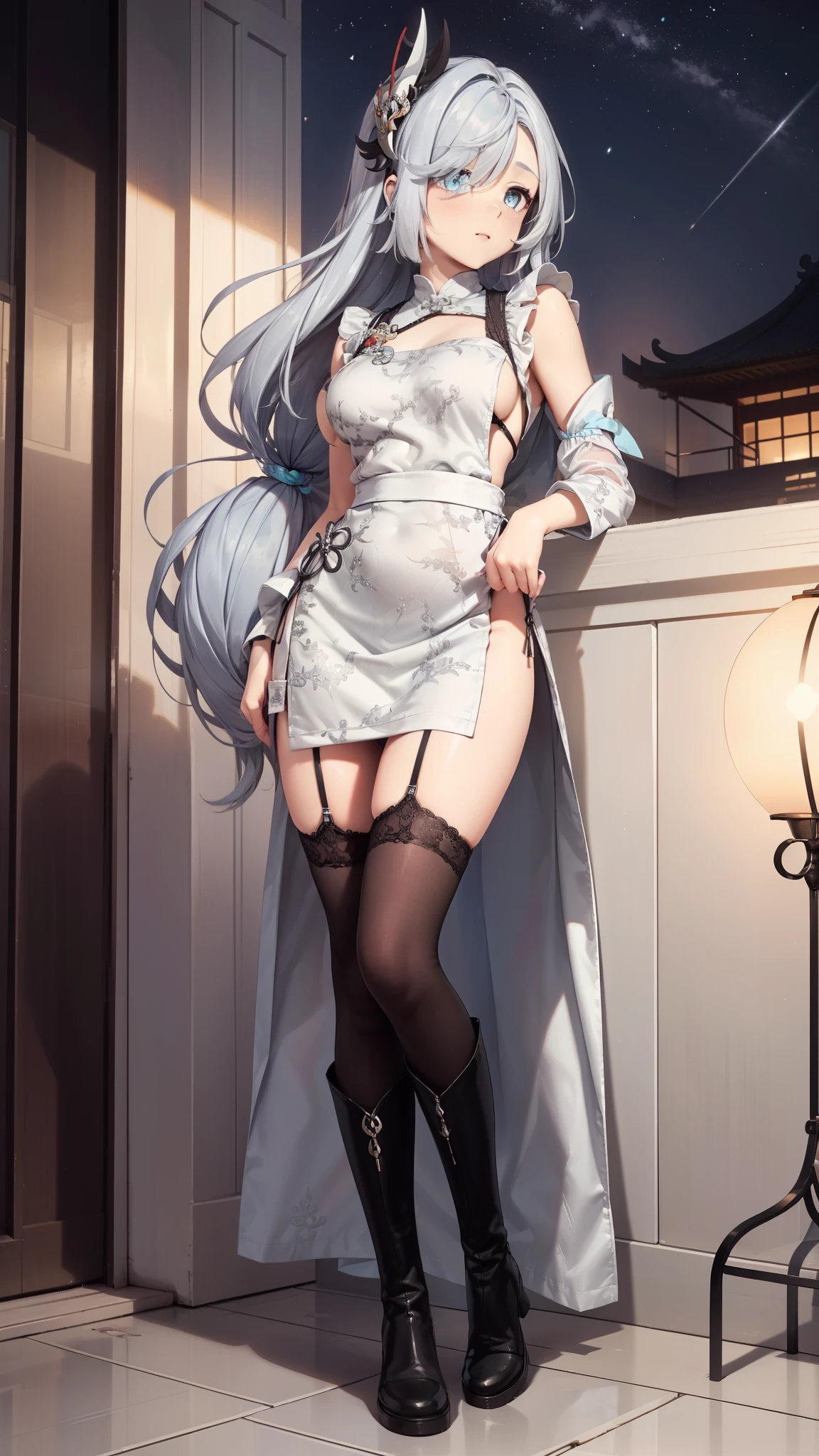 goddess，obsessed，have fun，in love，(White transparent Chinese uniform，With a long skirt)，Silver Hair，blue eyes，Transparent Clothes，Exquisite hair accessories，Transparent lace，Sky blue pattern，night，Dress nicely，outdoor，solitary，night，Engraved suspender boots，Beautiful face，Garter stockings，Edited by Dafabet，Nude Apron