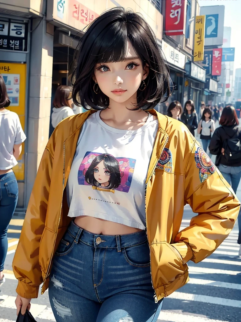 (masterpiece, best quality), beautiful woman, cute printed cropped shirt, jacket, jeans, short wavy hair, headband, asymmetrical bangs, perfect face, beautiful face, alluring, big gorgeous eyes, soft smile, perfect slim fit body, city streets, seoul, bright colors