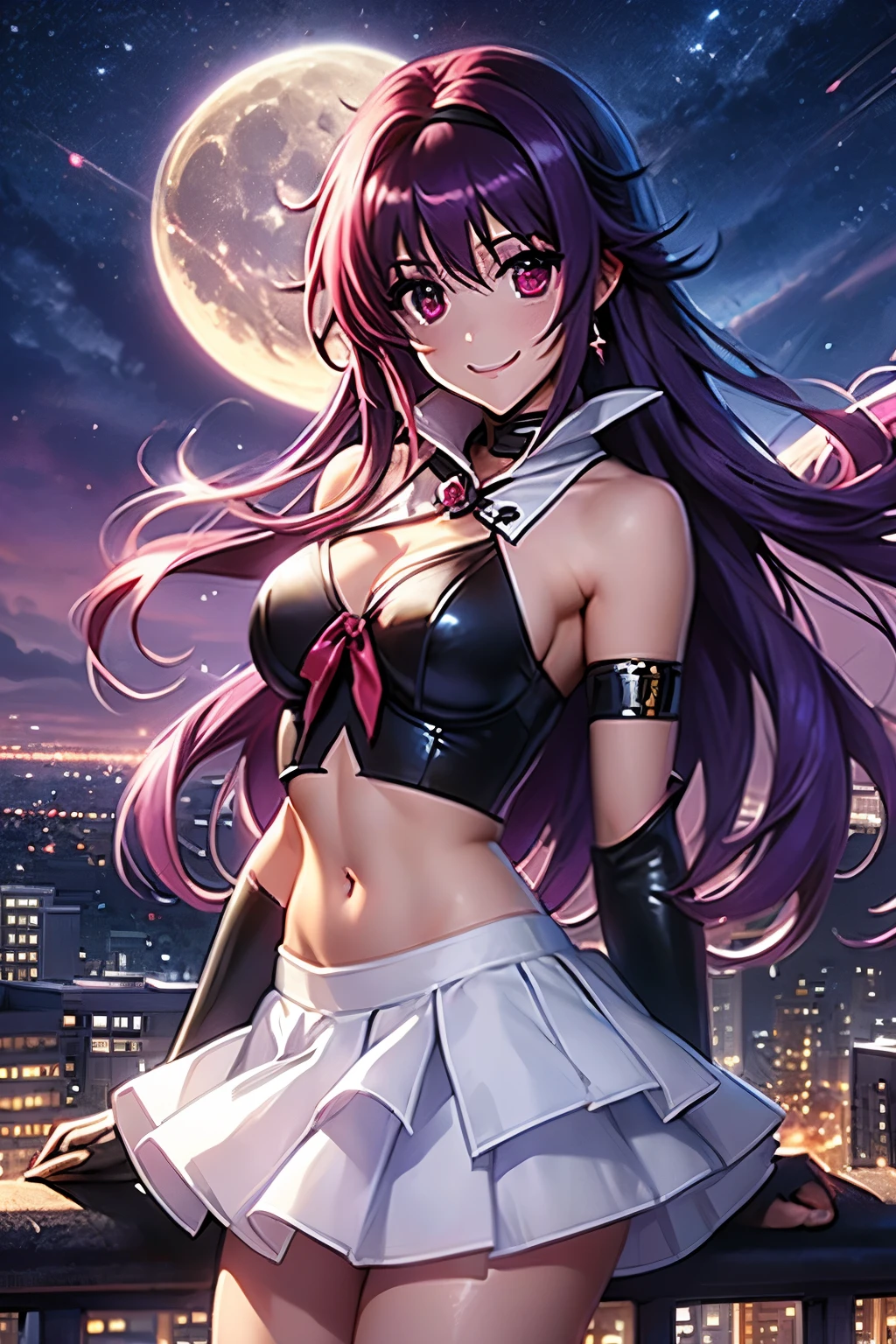 （（（ＳＦＷ、Precision、Highest quality、A first-class masterpiece、Normal body、8k、  detail face  、Ultra-precision、 Normal Hand、通常refer to、５refer to、Highest）））、Suzuka Tsukimura 、Suzuka 、" Puella Magical Girl Lyrical Nanoha"、Night Clan 、 Awakening Vampire Standing on the Rooftop、 Red Eyes、 Crimson Eyes 、 Sharp Double Teeth 、Purple Hair、Long Hair、 headband、Big Breasts、 high school girl 、 White Uniform Torn、Bra exposure、Racy Underwear Exposed 、stripped skirt、Half naked、Full moon night、rooftop、Irreverent Smile 