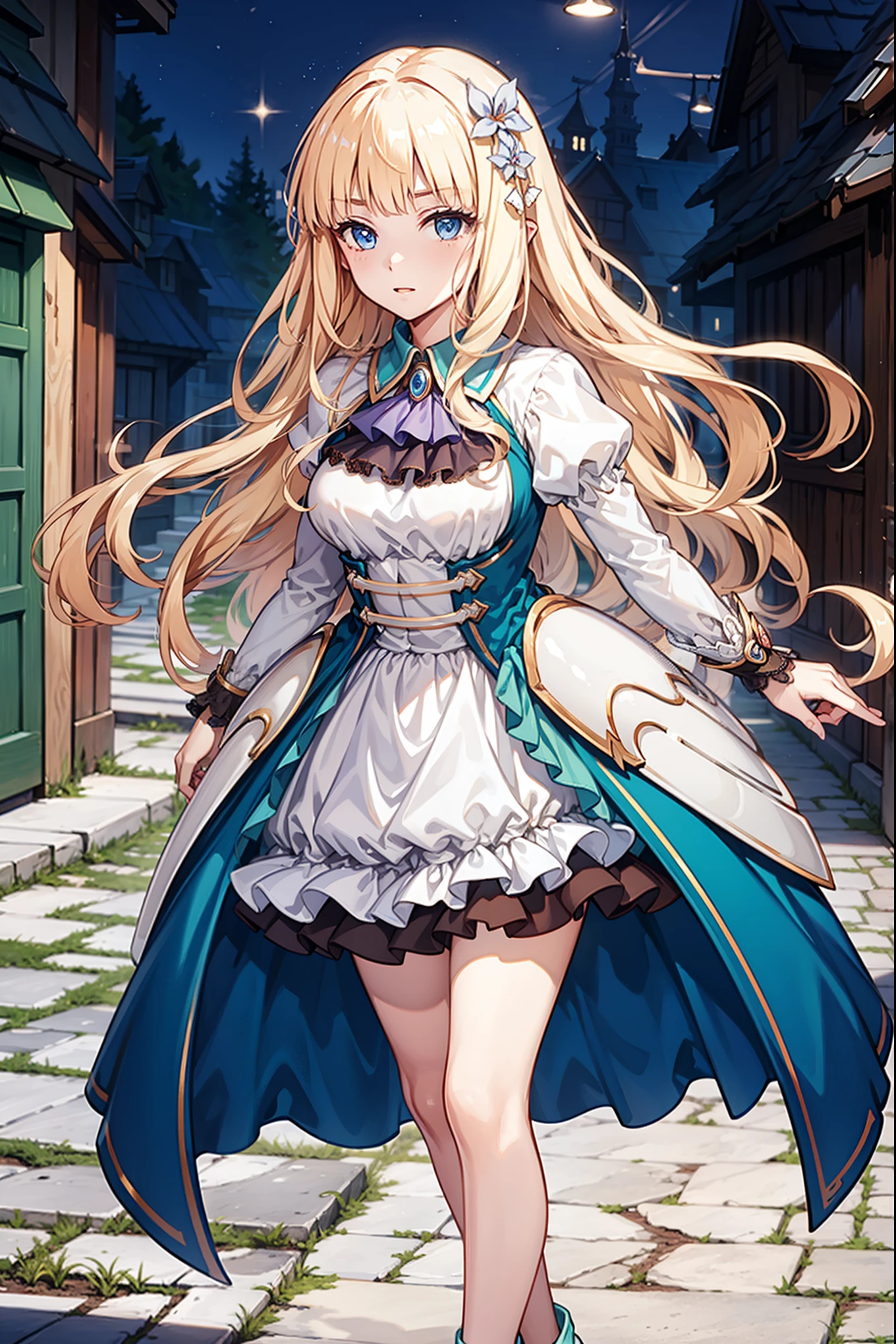 becomes，Princess fantasy ，obsessed，  plump  ，in love，sacred，(  princess dress that is mostly white:1.3)， 头发和 blue eyes， blue eyes，Great Sword，Holy Sword， super super detailed ，Ruffles，Lots of Lace，(Stripes on clothes:1.2)，(Dress nicely:1.1)，( layered skirt ), Clear Clothes ，  pretty delicate face  ，  cinematic lighting ，night，The only person，Lace,(shine:1.2), (  best quality), ( masterpiece :1.2),shine宝石, Mild, Mild, charm，In the imperial city ，goddess, ,, Mild, group，SFW dress ，