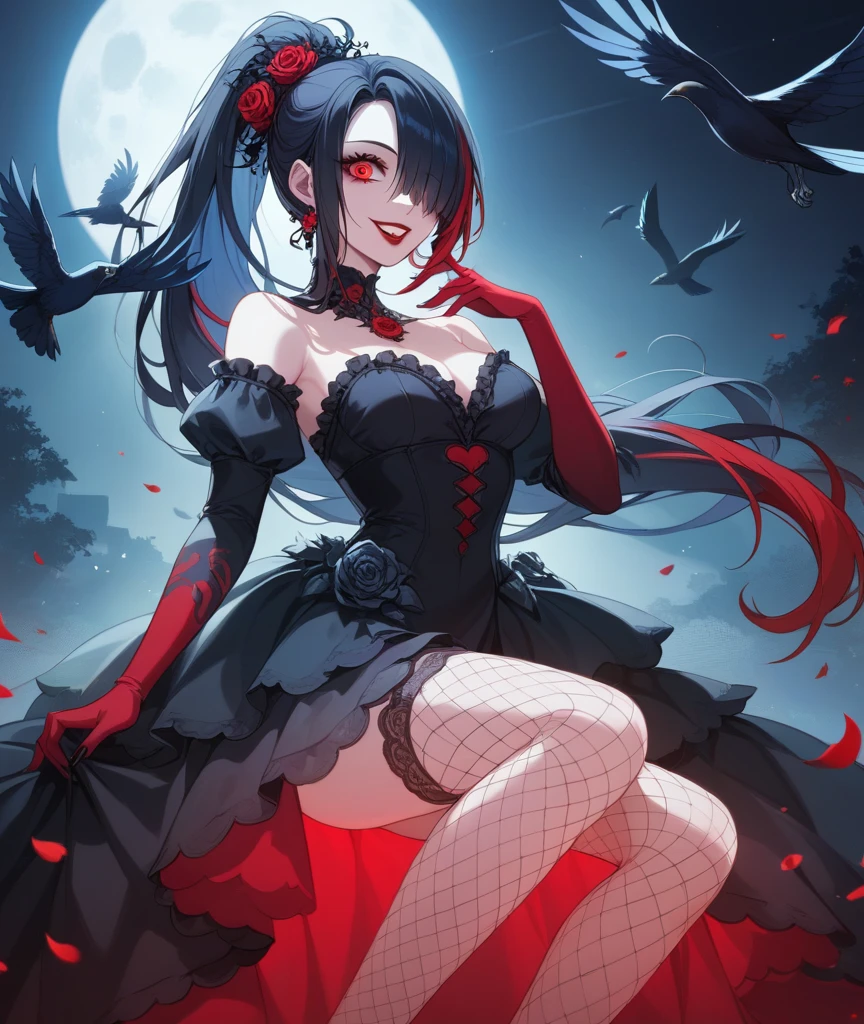 （Dark atmosphere，Gothic Fashion，Bright colors），（Highest quality，Super exquisite item，），Sexy Goth Vampire Girl，In the rose garden at night，Beautiful and delicate eyes，Black straight ponytail with blue tip，Crow's feathers，Red lipstick，Mysterious Smile，Pale complexion，Fishnet tights，Black lace dress，Pointed toes give off a sexy aura，The moonlight illuminates her elegant silhouette，Soft shadows and soft highlights，Contrasting colors create a lively atmosphere，A dark and muted color palette，Subtle yet dramatic lighting effects，A combination of solemn darkness and beautiful moonlight, She is tall and mature