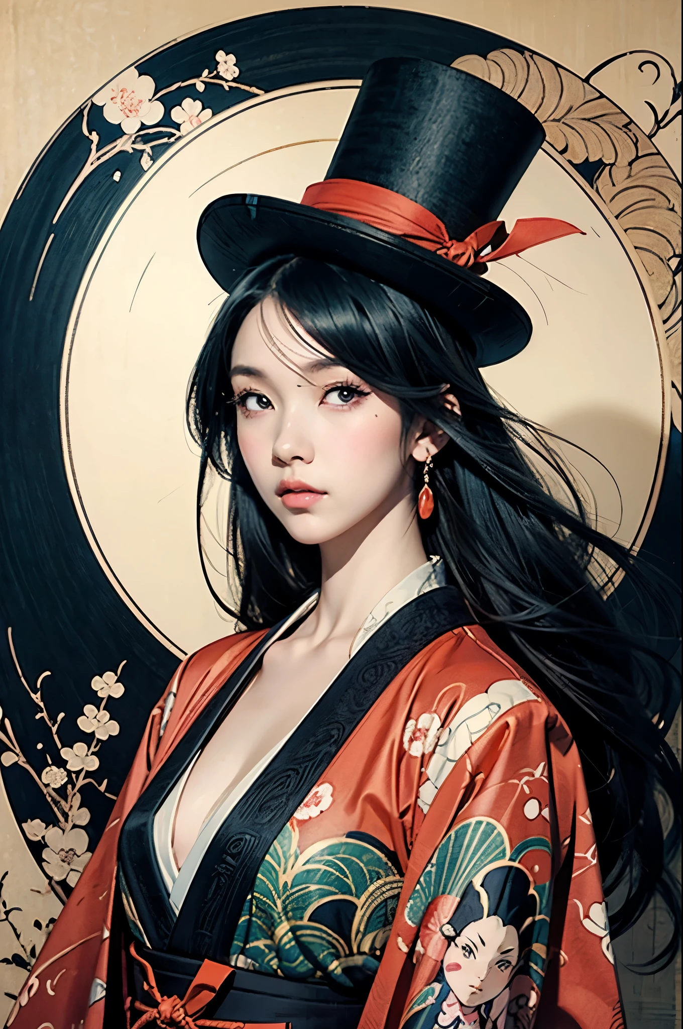 there is a painting of a woman with a hat and a top hat, an anime drawing inspired by Tsukioka Yoshitoshi, pixiv, ukiyo-e, shigenori soejima illustration, in the art style of ukiyo - e, onmyoji portrait, anime art nouveau, korean art nouveau anime, sengoku - era art style