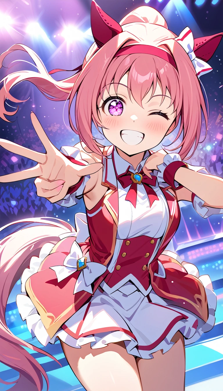 best quality, masterpiece,1girl, haru urara, ponytail, hair bow, white bow, headband, animal ears, ear covers, symbol in eye, flower in eye, horse tail,idol costume, smile, wink, one eye closed, live stage, conffeti, audience,