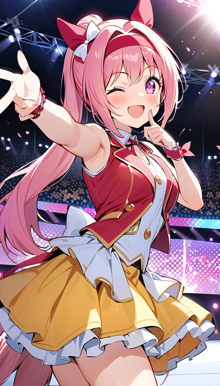 best quality, masterpiece,1girl, haru urara, ponytail, hair bow, white bow, headband, animal ears, ear covers, symbol in eye, flower in eye, horse tail,idol costume, smile, wink, one eye closed, live stage, conffeti, audience,