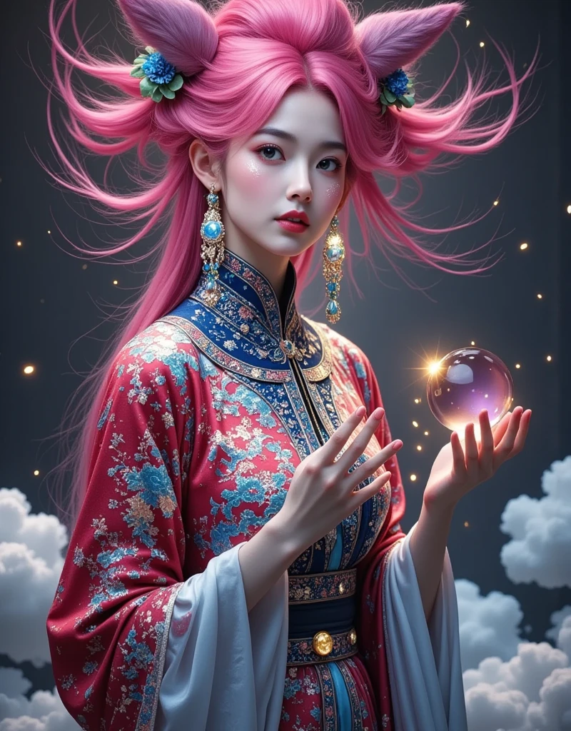 [Vision:1.0]，[Wide Angle:1.0]，Three-dimensional ancient style，Vivid Chinese Aesthetics， League of Legends Ahri，whole body照，Perfect hands ， long pink hair， Nine fox tails on the coccyx，Pink fox ears，Red warrior outfit， Energy ball in hand，wallpaper， Game battlefield background， Sexy oriental face，Game Screen， Beautiful facial features，(whole body:1.4)， bright colors ，Sparkling Clothing，Use flash stone pattern， Shoes made of translucent crystal， Colorful gradient fluorescent ribbon， exquisite，Light Wave，Tradition， exquisite，Perfect composition， Ultra HD，Crescent Earrings，Raise eyebrows，Baoyu Fengzhi，Forehead Gem，(Look directly at the audience:15)，((((Facing the audience))))，Heavenly Goddess，Astral，dream，Beautiful celestial spirit，Beautiful fantasy paintings，Beautiful fantasy art，Ethereal fantasy， Very beautiful fantasy art，Digital Art Fantasy， Enchanting and otherworldly，Fantasy Beauty，Volumetric Light，Natural soft light，(Ultra-fine:1.2，Bright colors， movie lighting， Light and Dark Contrast， ray tracing， Surrealism ，UHD，masterpiece，precise， Anatomically correct ，Textured Skin， superdetail，8k)