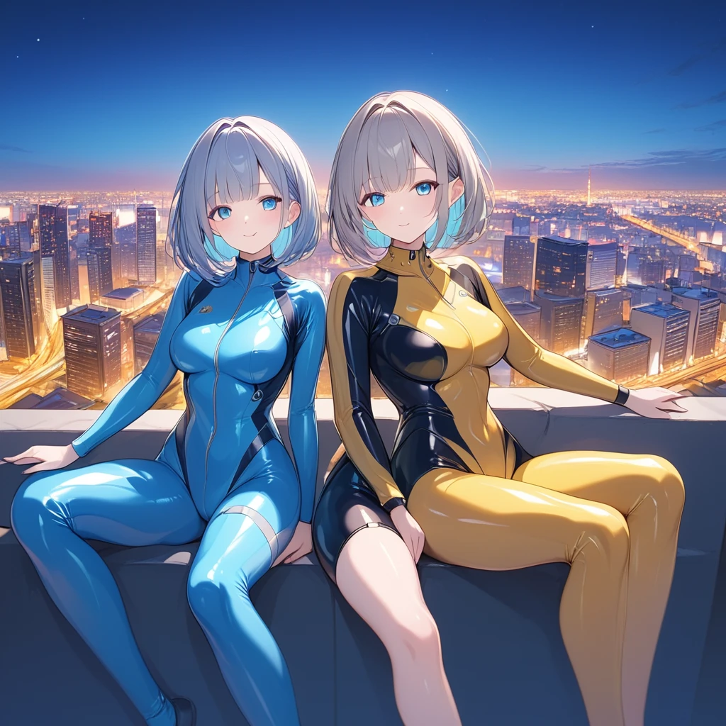 (Multiple girls),(最High image quality, 8k, masterpiece:1.3), (24 years old:1.5), (Grey Hair), ( bob cut ), (Oblique sky blue eyes), (( full body rubber suit 、blue、yellow line、colorful、no zipper 、rubber suit glossy 、Perfect fit、Full body shot、 look at this while sitting、City、Night view)), ([Ultra Clear:1.5), ( Shiny Skin:1.1),(Pale skin:1.1),High image quality、Clear contours