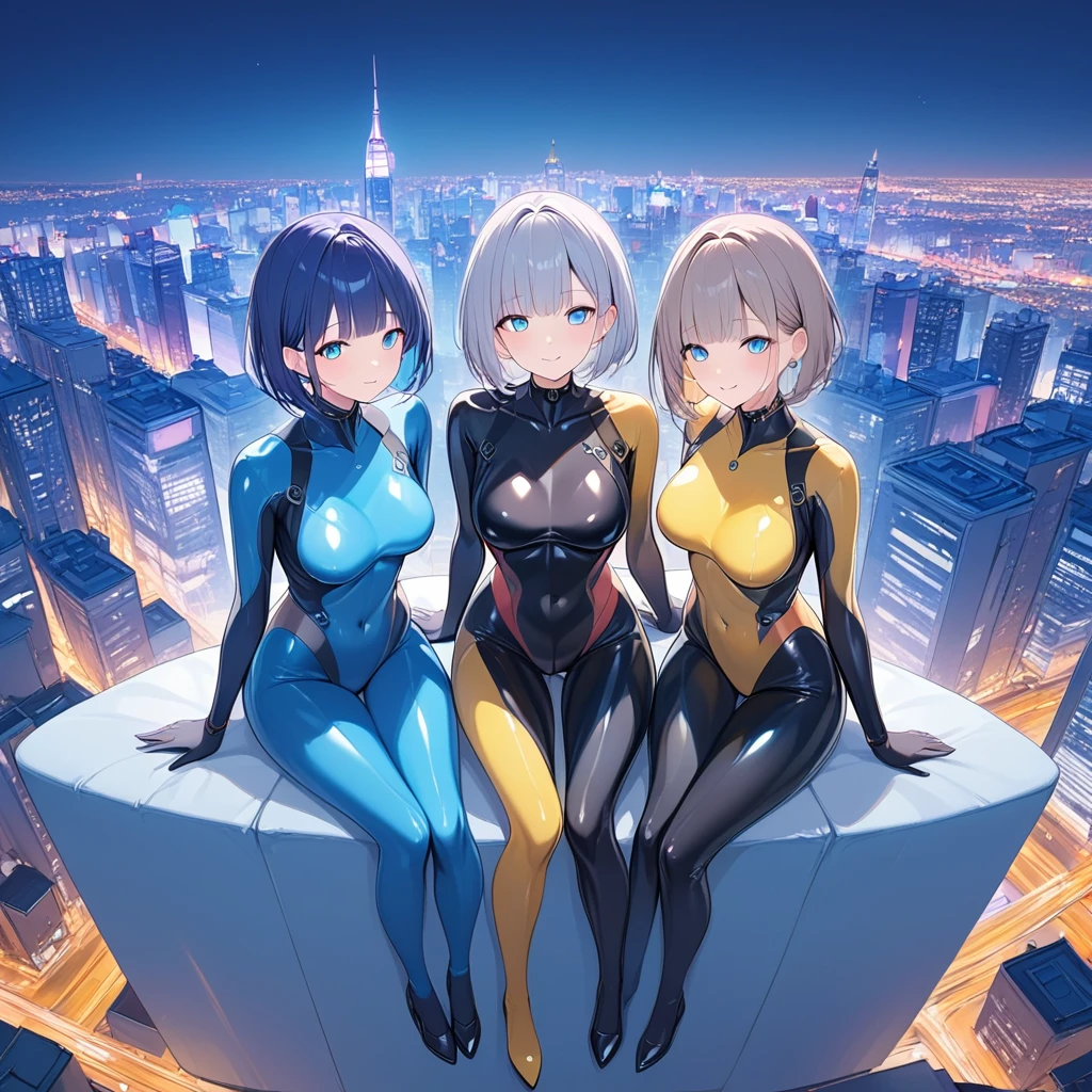 (Multiple girls),(最High image quality, 8k, masterpiece:1.3), (24 years old:1.5), (Grey Hair), ( bob cut ), (Oblique sky blue eyes), (( full body rubber suit 、blue、yellow line、colorful、no zipper 、rubber suit glossy 、Perfect fit、Full body shot、 look at this while sitting、City、Night view)), ([Ultra Clear:1.5), ( Shiny Skin:1.1),(Pale skin:1.1),High image quality、Clear contours