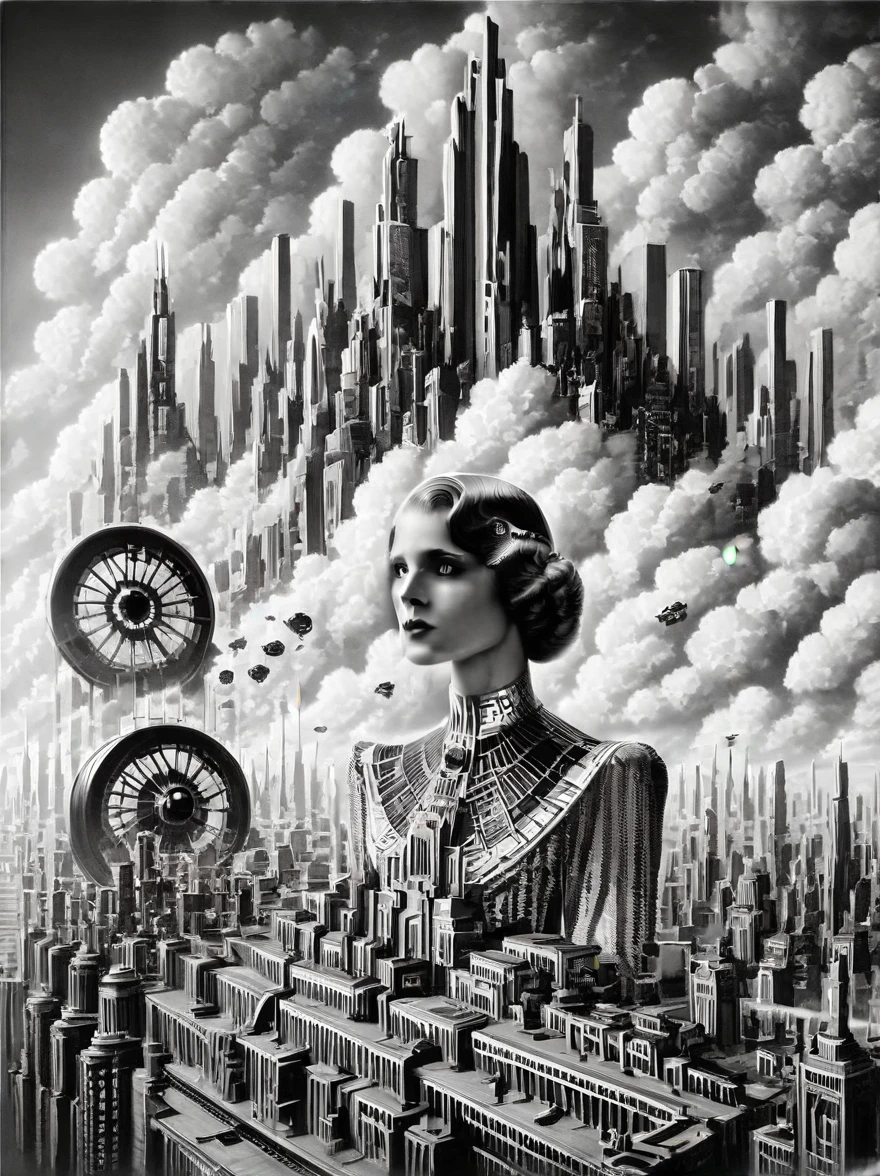 a traveler in a futuristic landscape, art deco architecture, expressionist style, 1920s fashion, black and white, detailed facial features, high quality, cinematic lighting, intricate details, photorealistic, 8k, (best quality,4k,8k,highres,masterpiece:1.2),ultra-detailed,(realistic,photorealistic,photo-realistic:1.37)