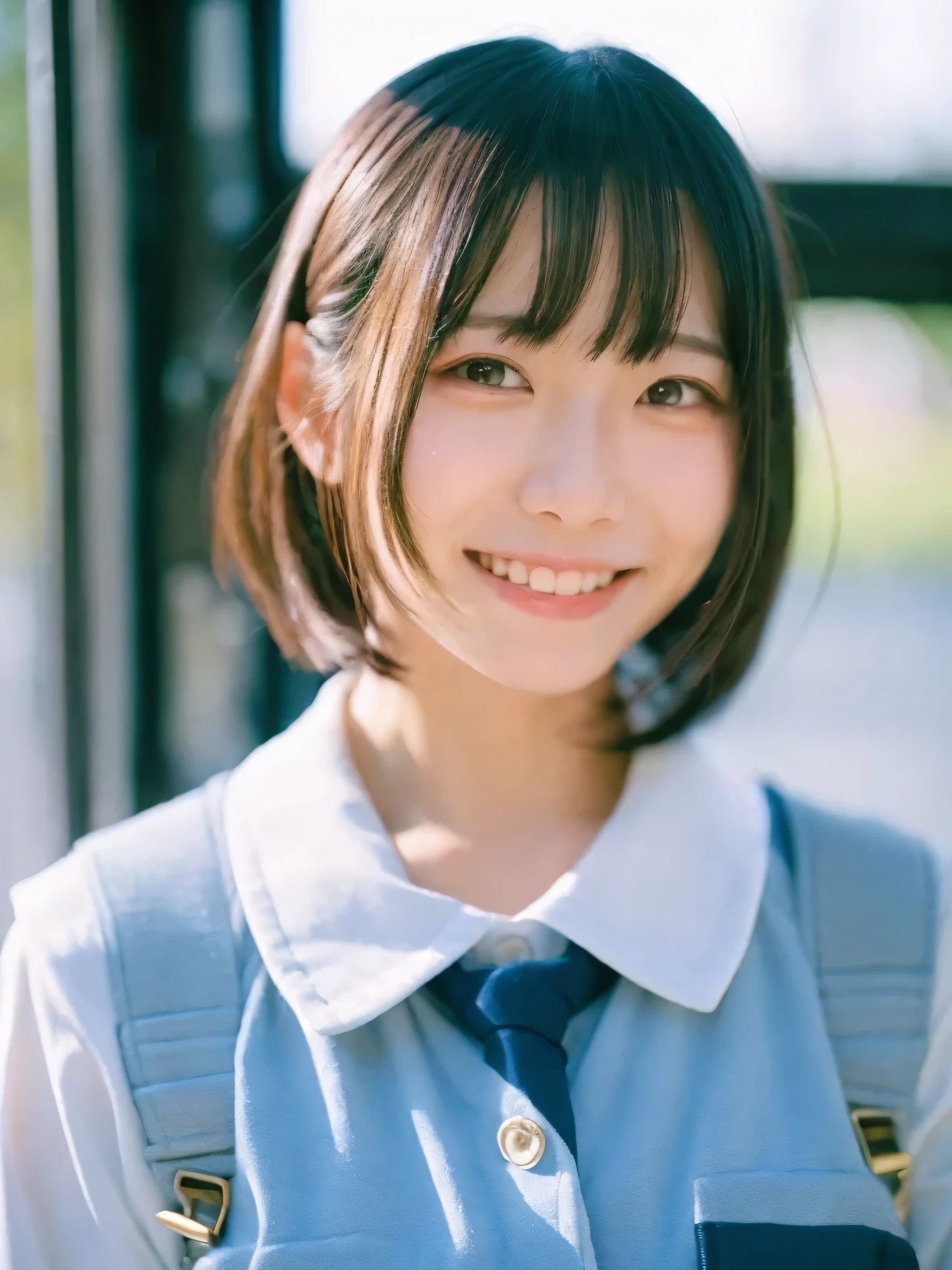 Japanese women, school uniform、Sweaty shiny skin、Young Face, Bob Cut Hair, morning, window, Incomplete details, Shooting with Leica, analog, 35mm:: (Artistic light leakage:1.4), Lens flare::4 - Style Row - AR 2:3 --s 150 --c 4,smile